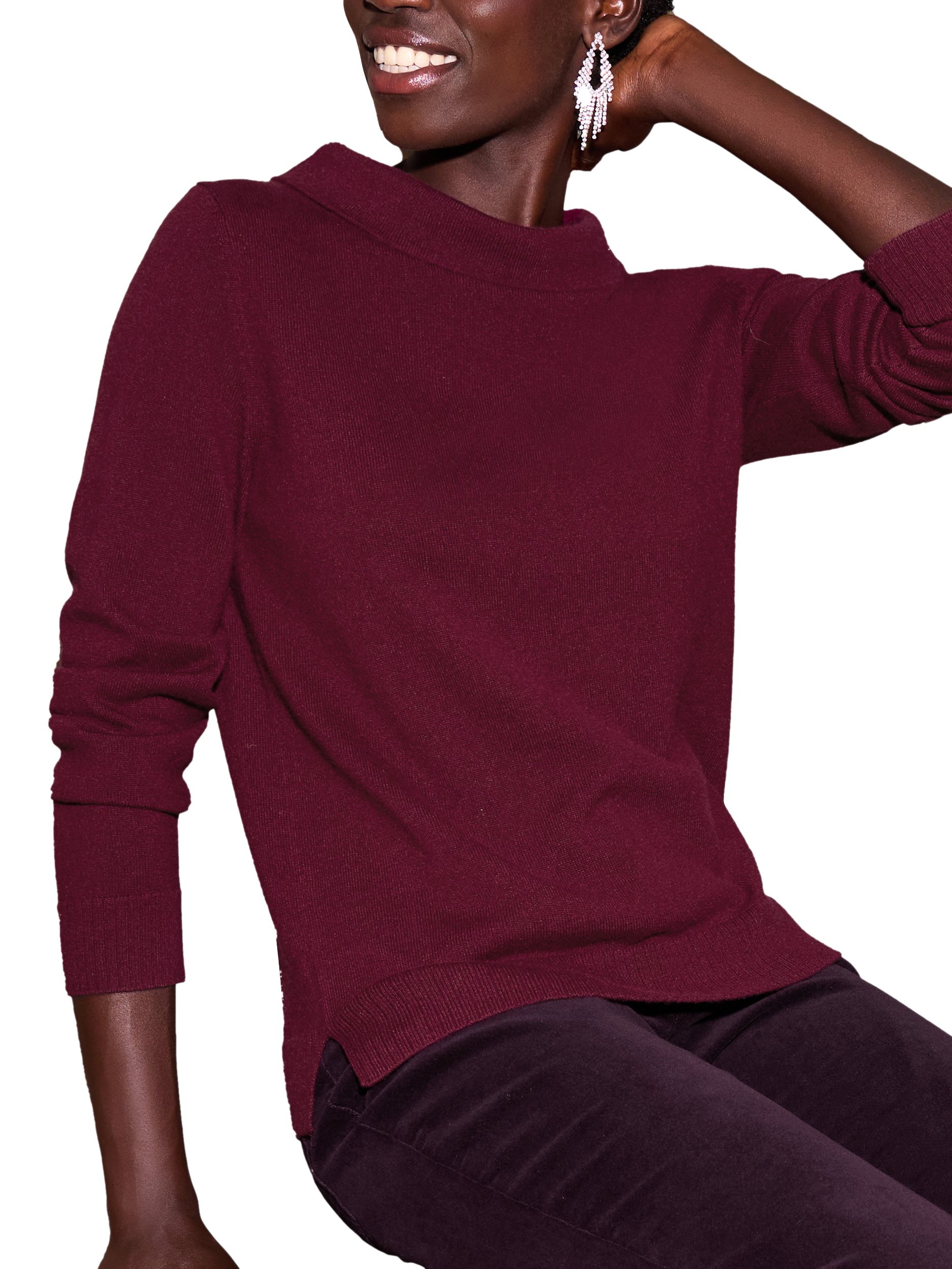 Product image 1 of 3, which shows Pure Collection Bardot Pure Cashmere Jumper, Merlot, 8