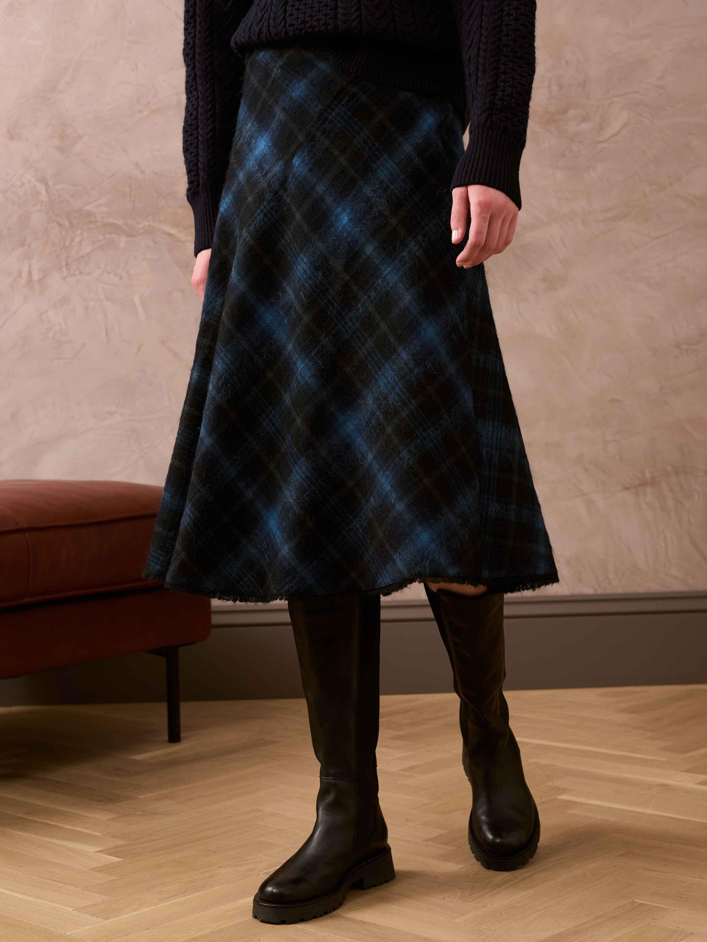 Brora Scottish Mohair Wool Check Midi Skirt, Midnight/Sky