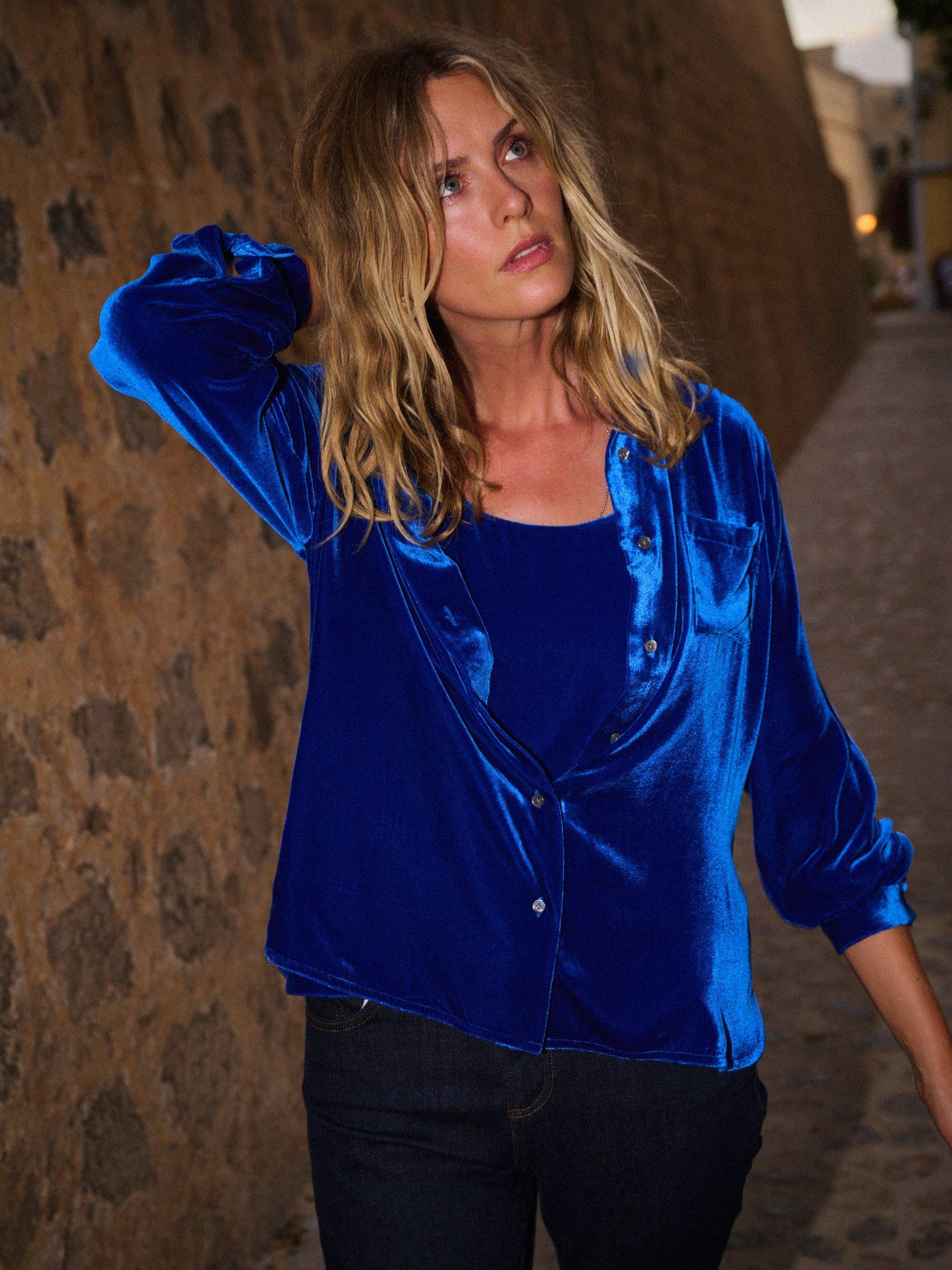 Product image 4 of 4, which shows NRBY Chiara Silk Blend Velvet Shirt, Lapis Blue, XS