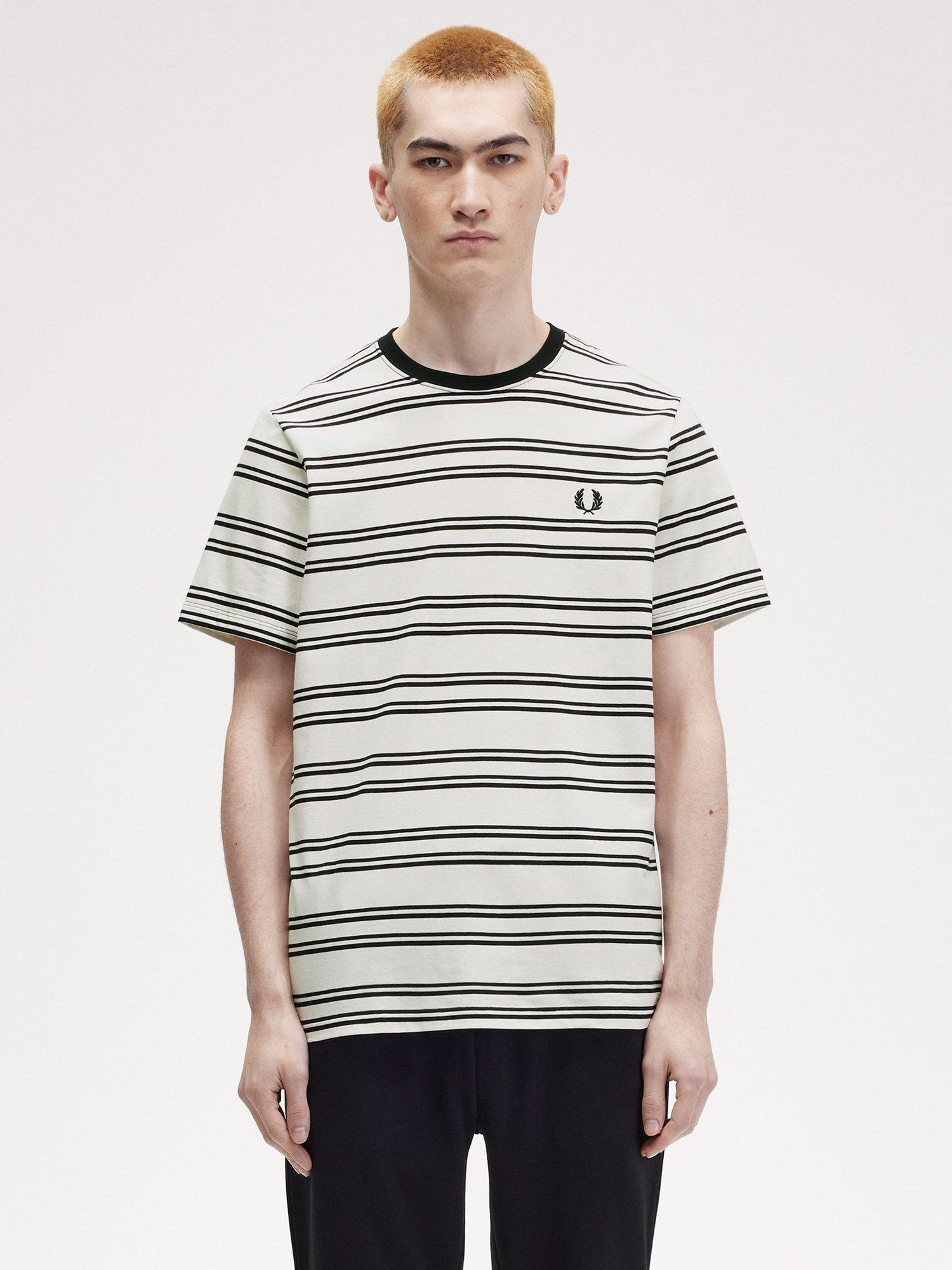 Product image 1 of 5, which shows Fred Perry Sport Fine Stripe Tee, Ecru / Black, S