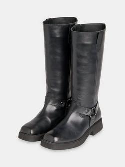 Whistles Matteo Leather Knee High Biker Boots, Black - view 2, Black
