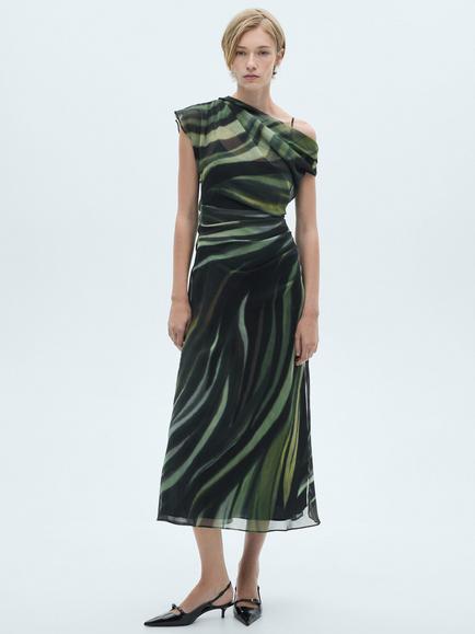 Mango Donny Abstract Off Shoulder Midi Dress, Multi, Multi