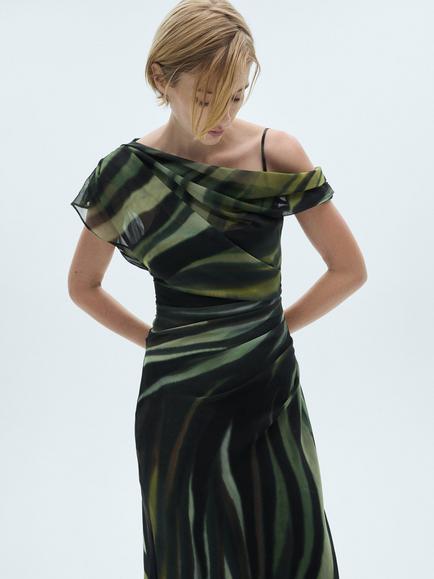 Mango Donny Abstract Off Shoulder Midi Dress, Multi - view 2, Multi