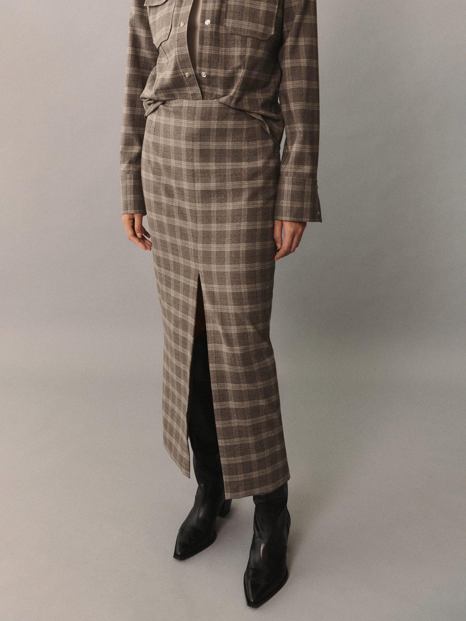 Mango Crawford Check Maxi Skirt Beige Multi