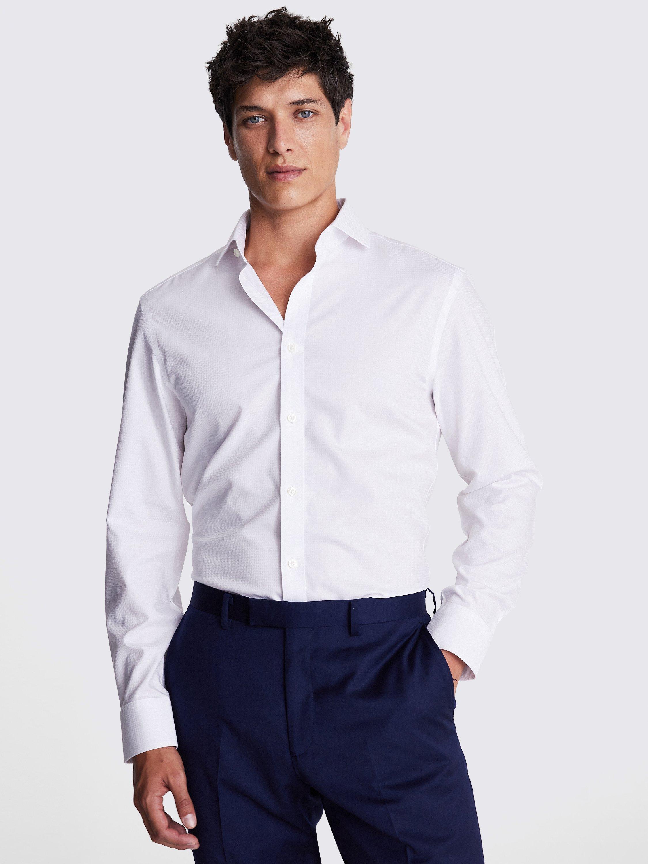 Moss Non-Iron Cotton Tailored Fit Dogtooth Shirt, White