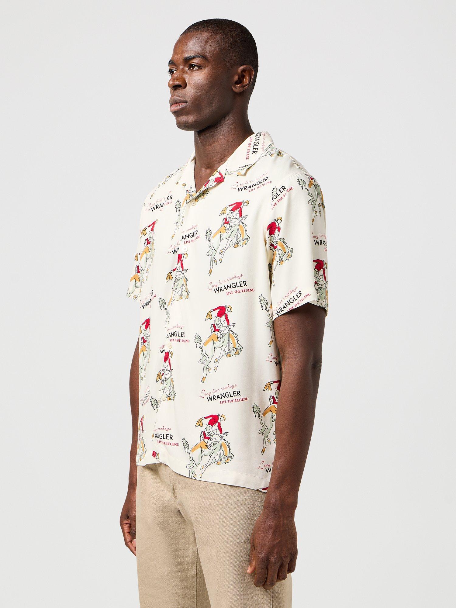 Product image 2 of 7, which shows Wrangler Resort Short Sleeve Cowboy Print Shirt, Antique White, M