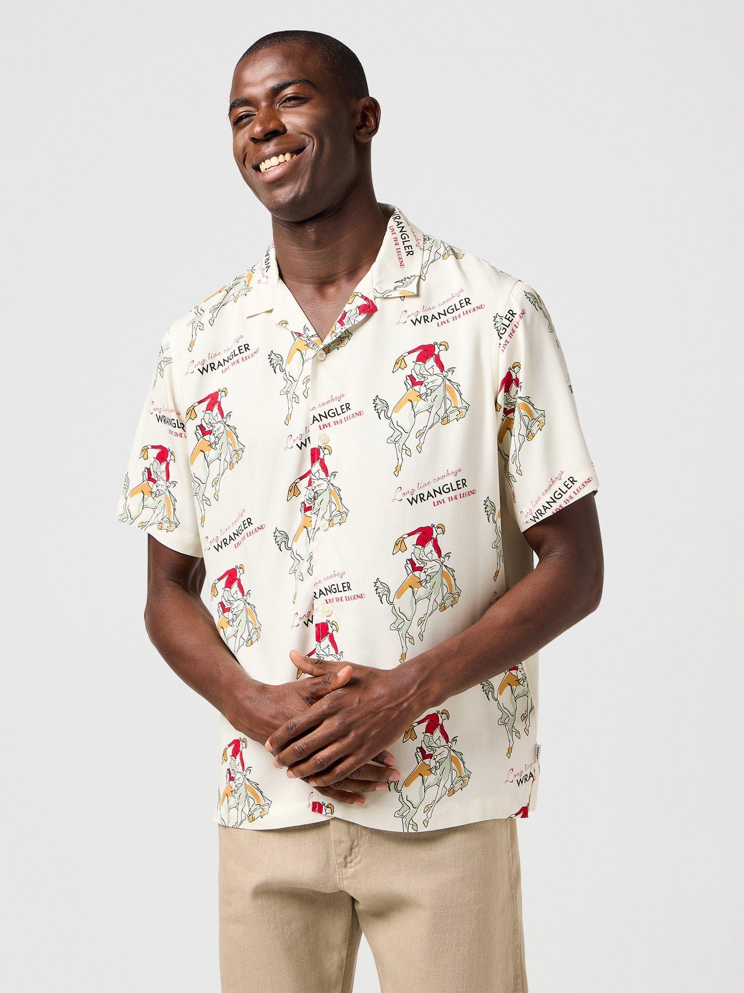 Product image 3 of 7, which shows Wrangler Resort Short Sleeve Cowboy Print Shirt, Antique White, M