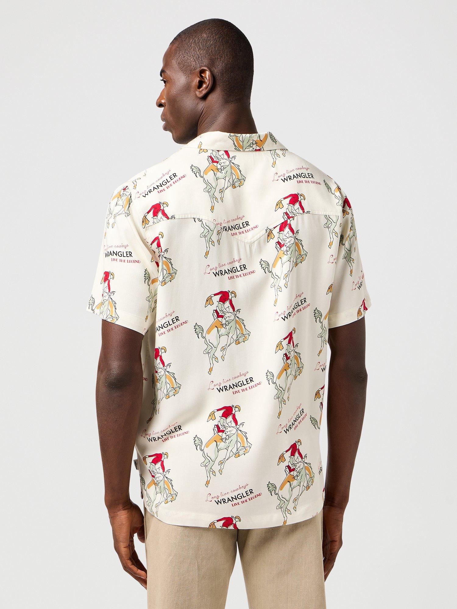 Product image 4 of 7, which shows Wrangler Resort Short Sleeve Cowboy Print Shirt, Antique White, M