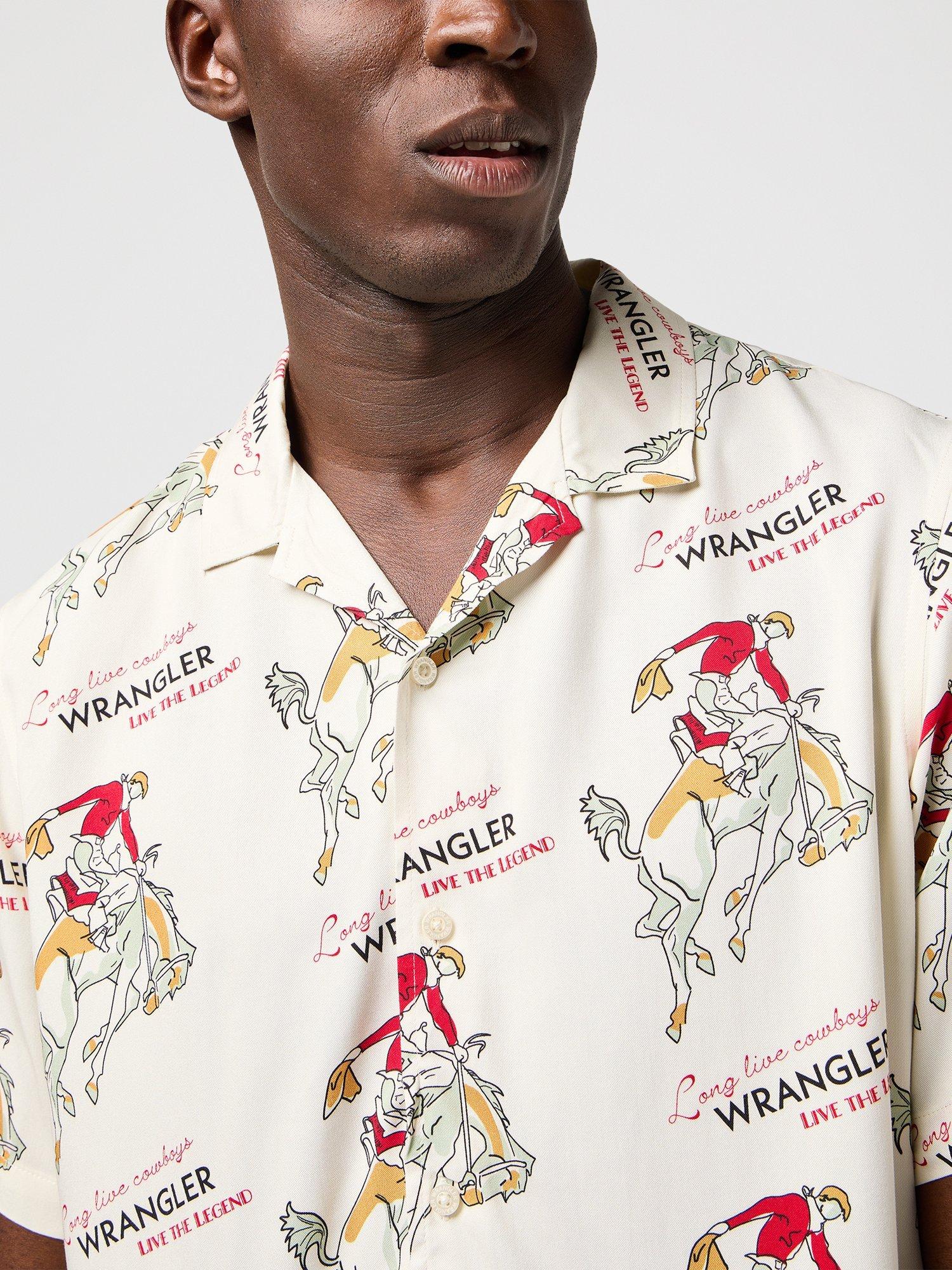 Product image 5 of 7, which shows Wrangler Resort Short Sleeve Cowboy Print Shirt, Antique White, M