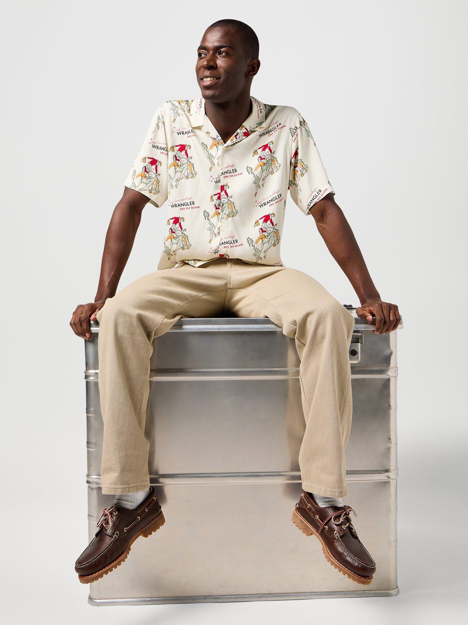Product image 6 of 7, which shows Wrangler Resort Short Sleeve Cowboy Print Shirt, Antique White, M
