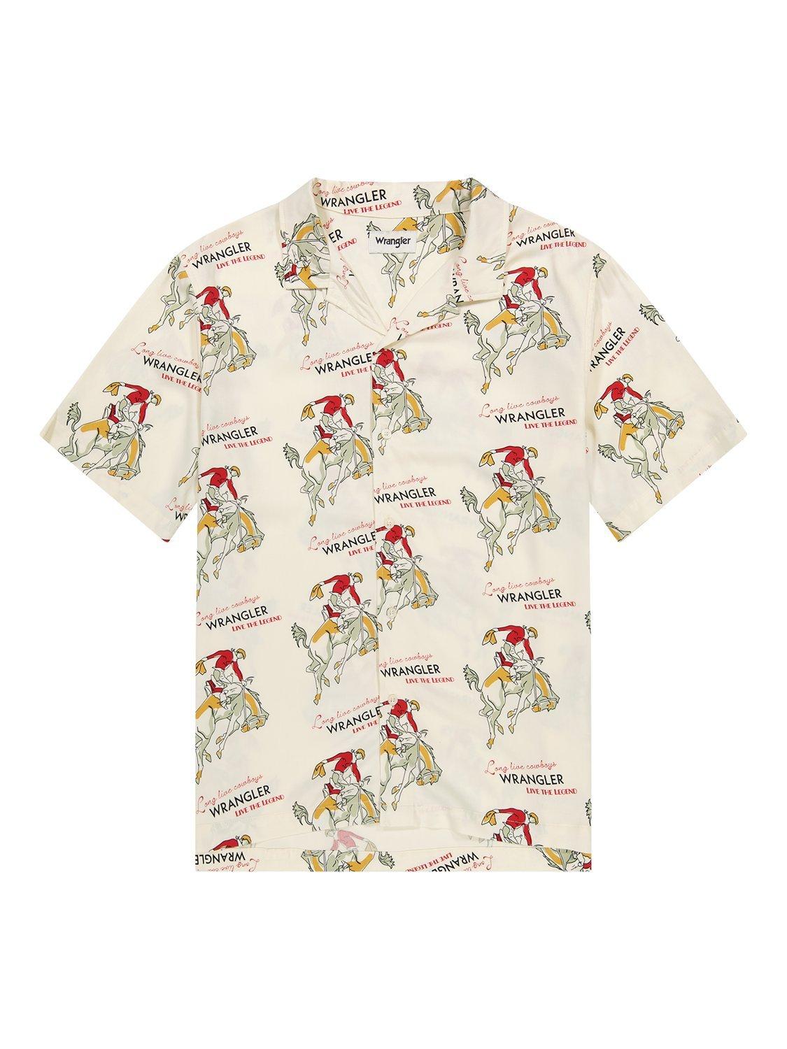 Product image 7 of 7, which shows Wrangler Resort Short Sleeve Cowboy Print Shirt, Antique White, M