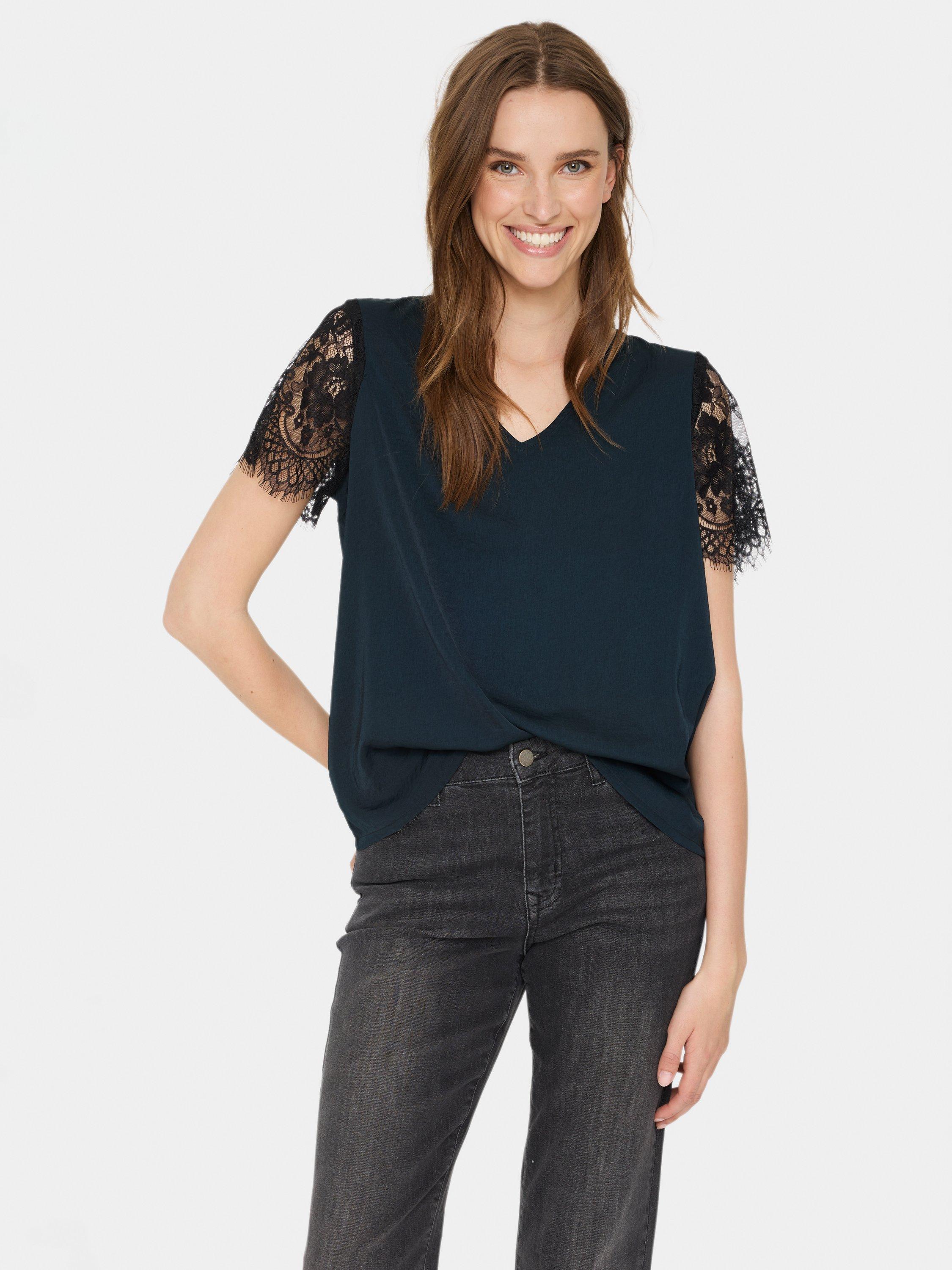 Product image 1 of 6, which shows Saint Tropez Zylvie Lace Short Sleeve Blouse, Black, XS