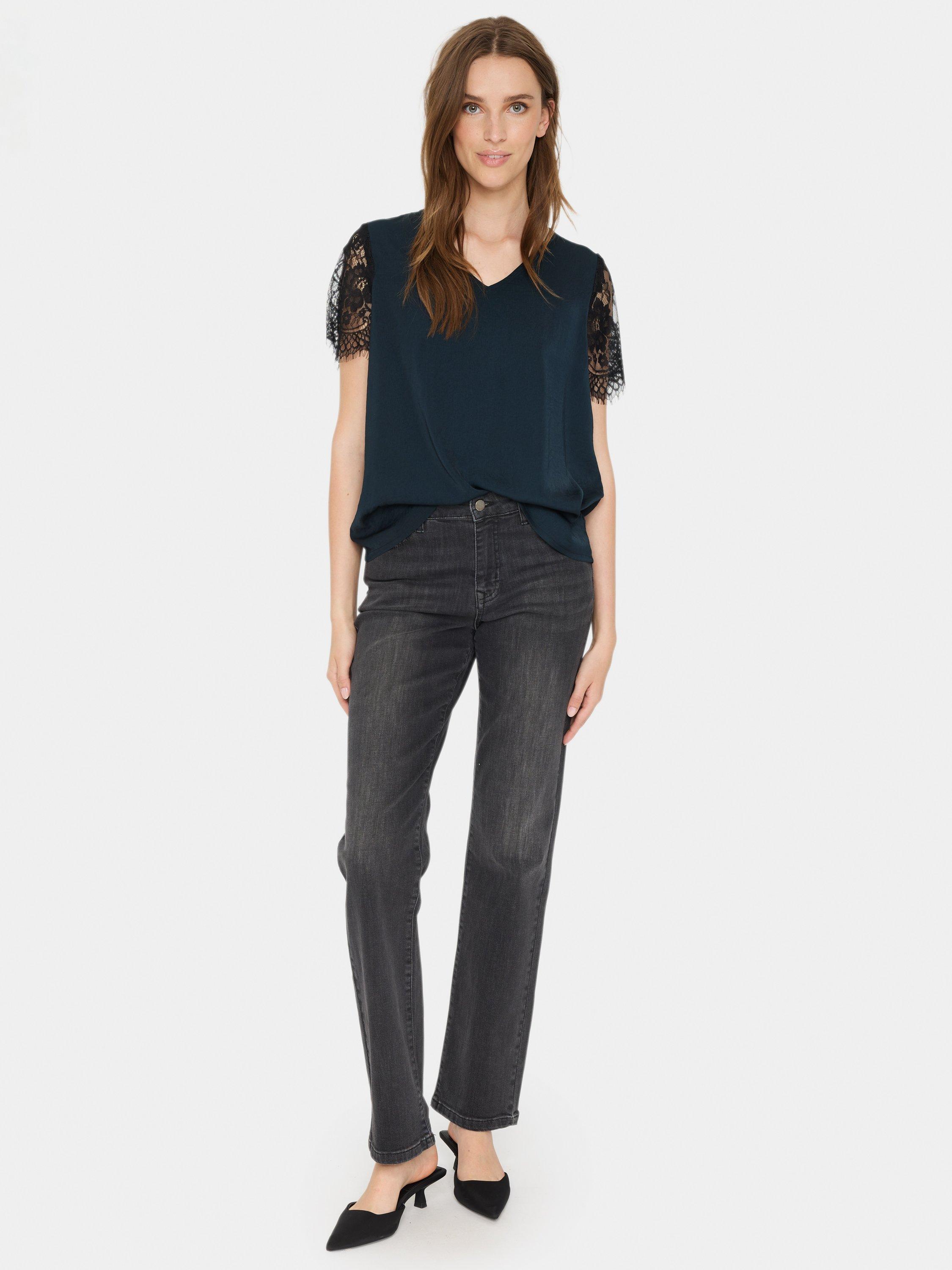 Product image 3 of 6, which shows Saint Tropez Zylvie Lace Short Sleeve Blouse, Black, XS