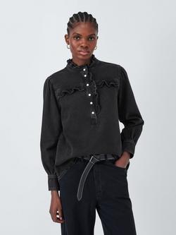 AND/OR Collette Ruffle Denim Top, Washed Black, Washed Black