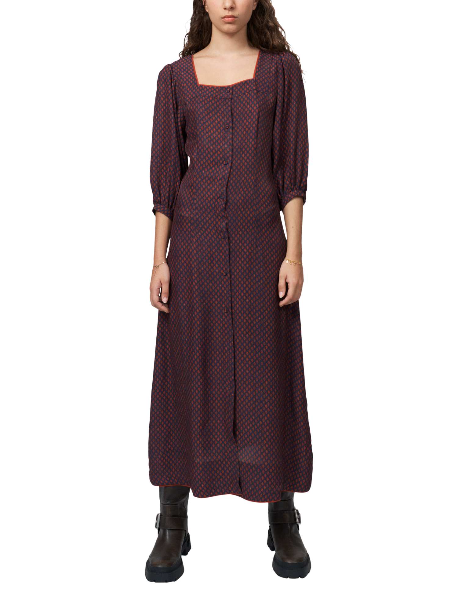 Product image 1 of 7, which shows nué notes Kavala Puff Sleeve Dress, Scarf Red, 8