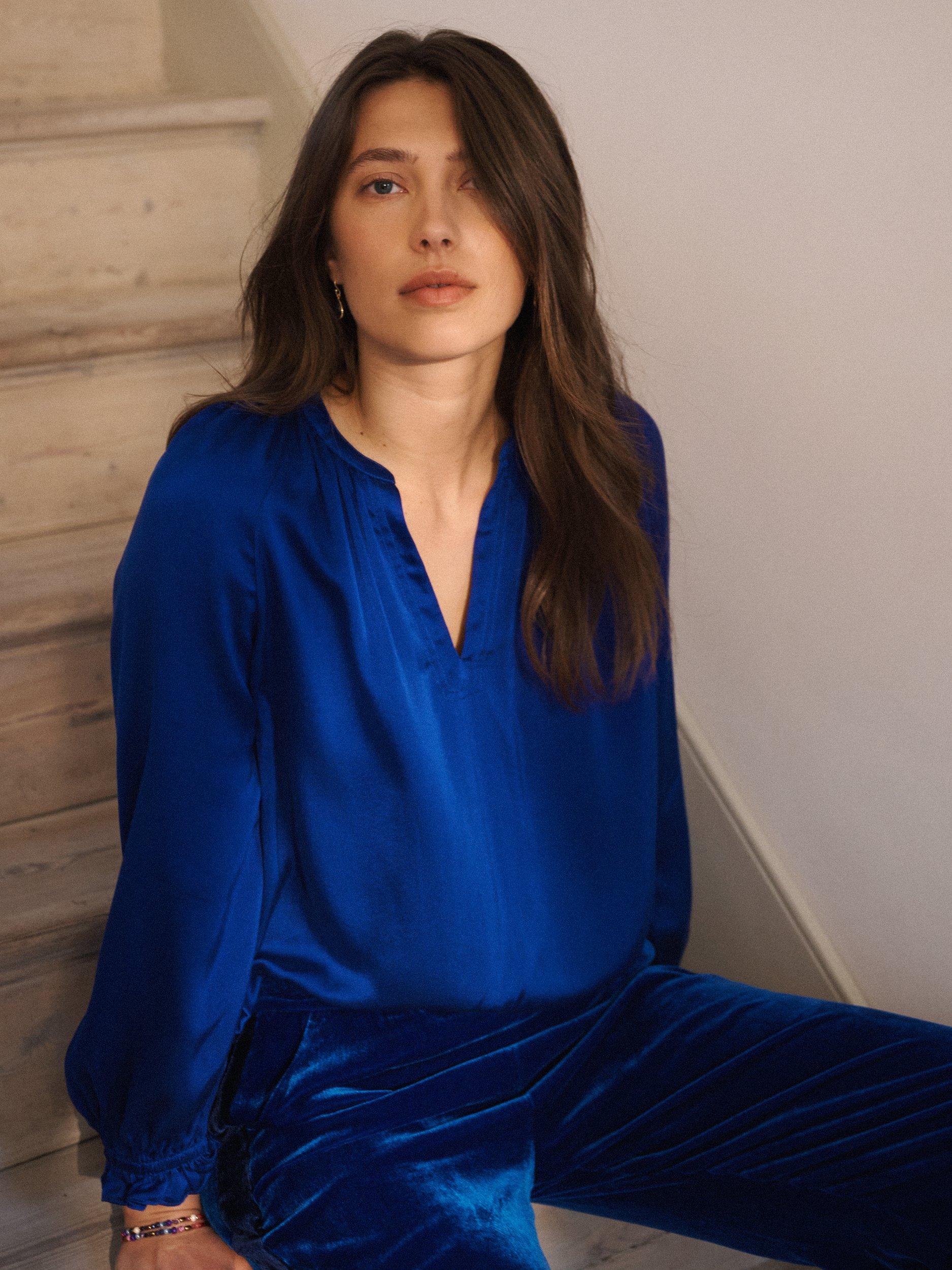 Product image 5 of 8, which shows NRBY Nikki Silk Satin Top, Lapis Blue, M