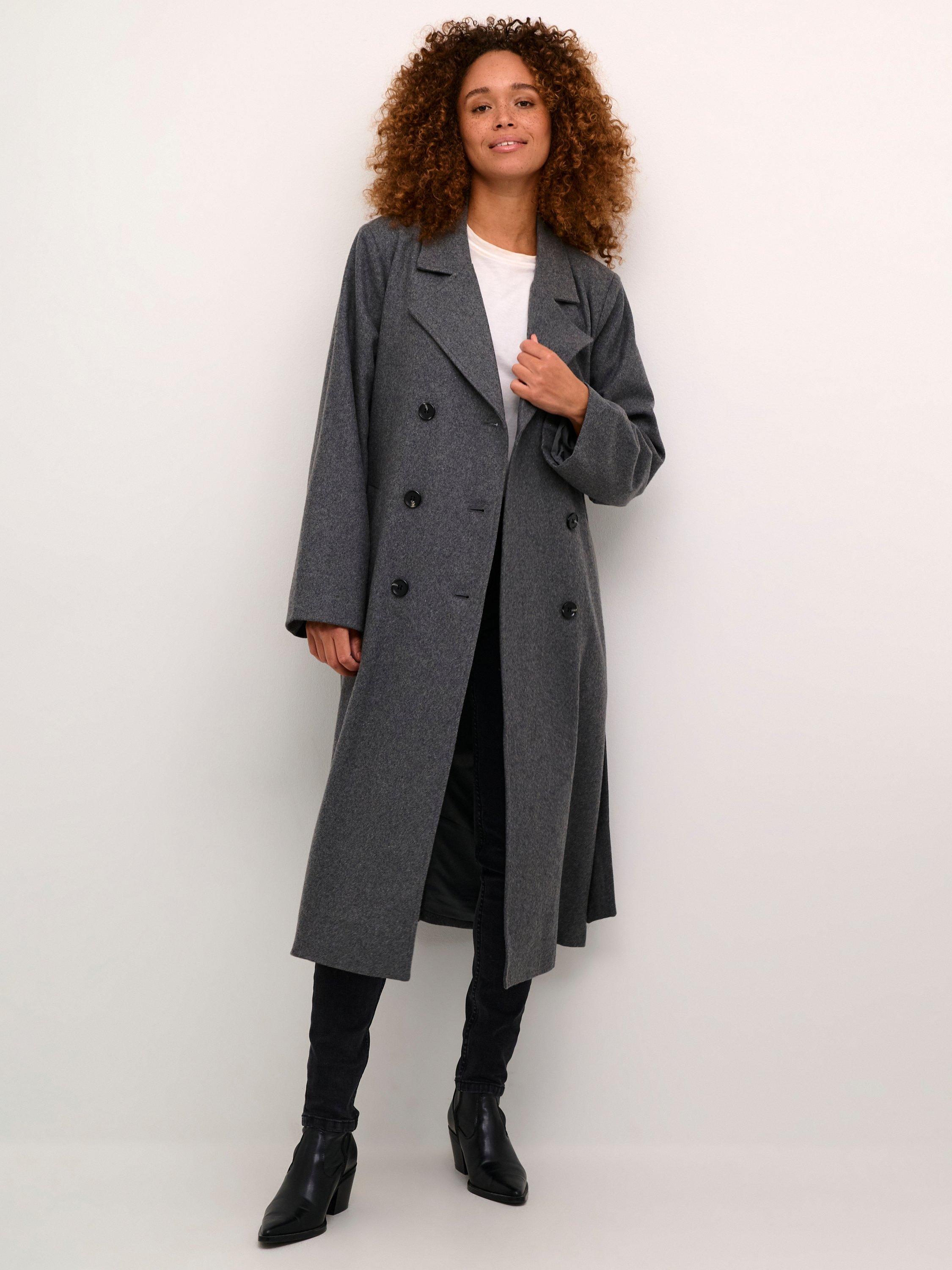 Product image 3 of 5, which shows KAFFE Fanny Long Trench Coat, Grey Melange, 14