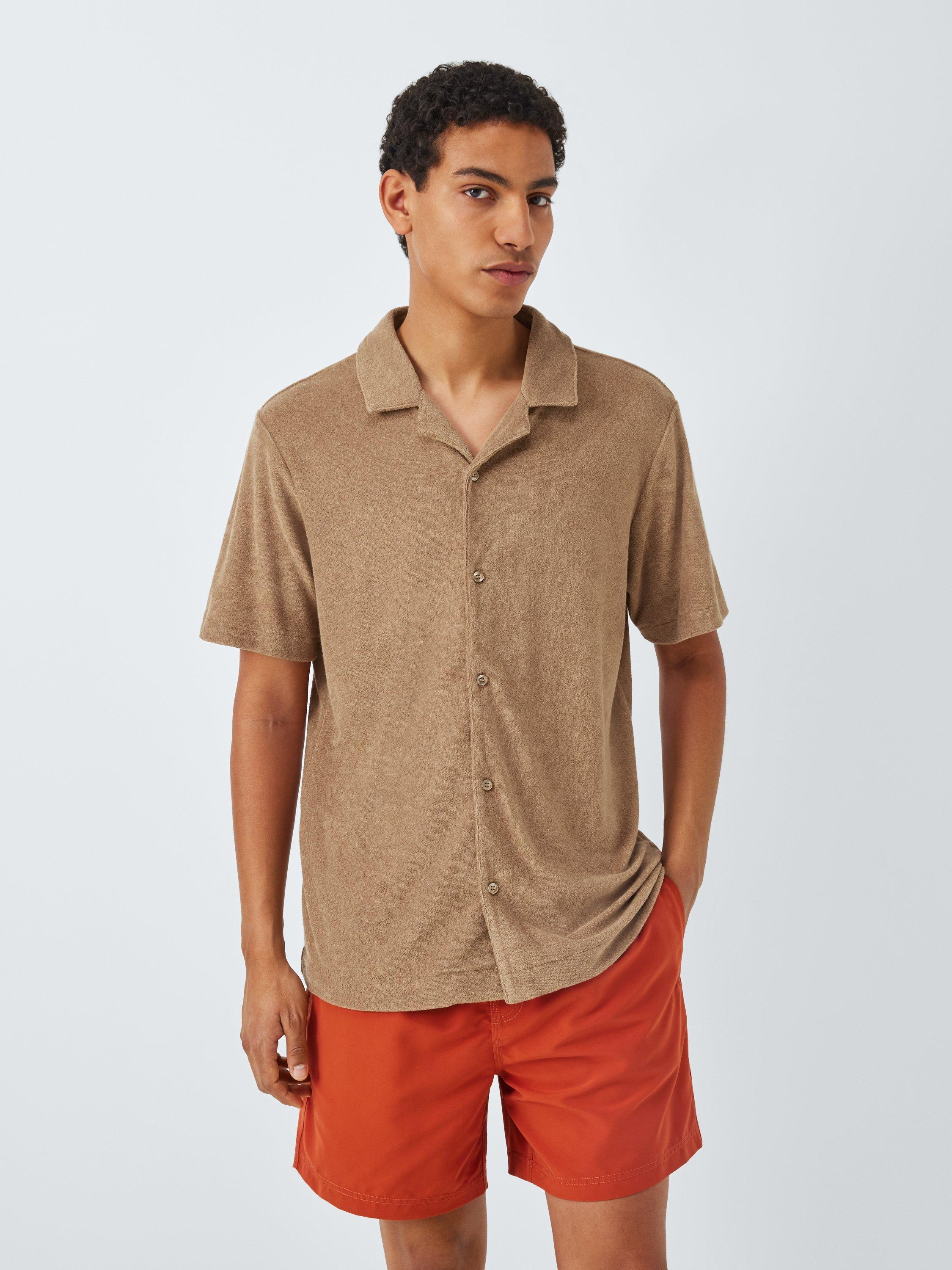 Product image 1 of 6, which shows John Lewis Cotton Modal Blend Towelling Short Sleeve Shirt, Stone, S