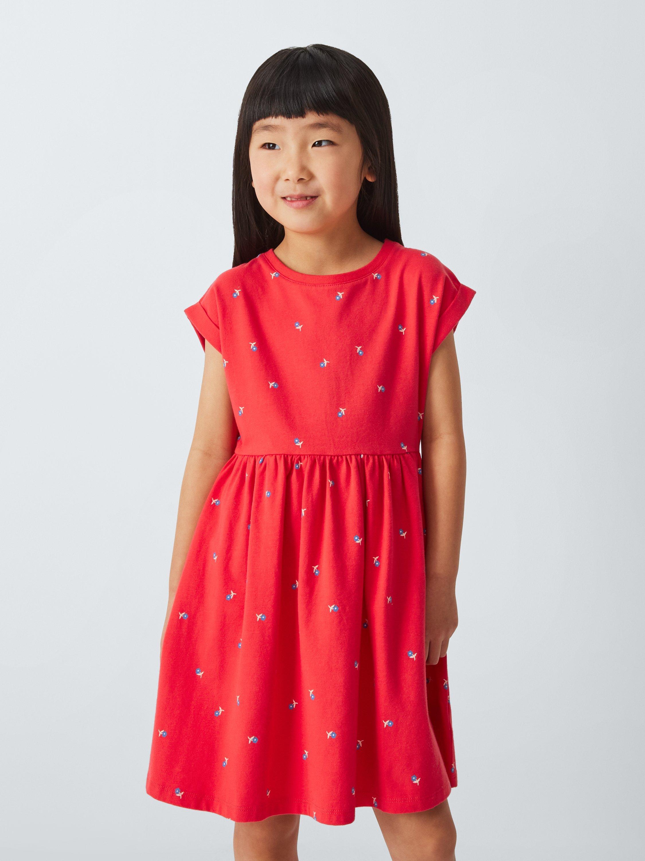 Product image 1 of 7, which shows John Lewis Kids' Flower Jersey Dress, Red/Multi, 2 years