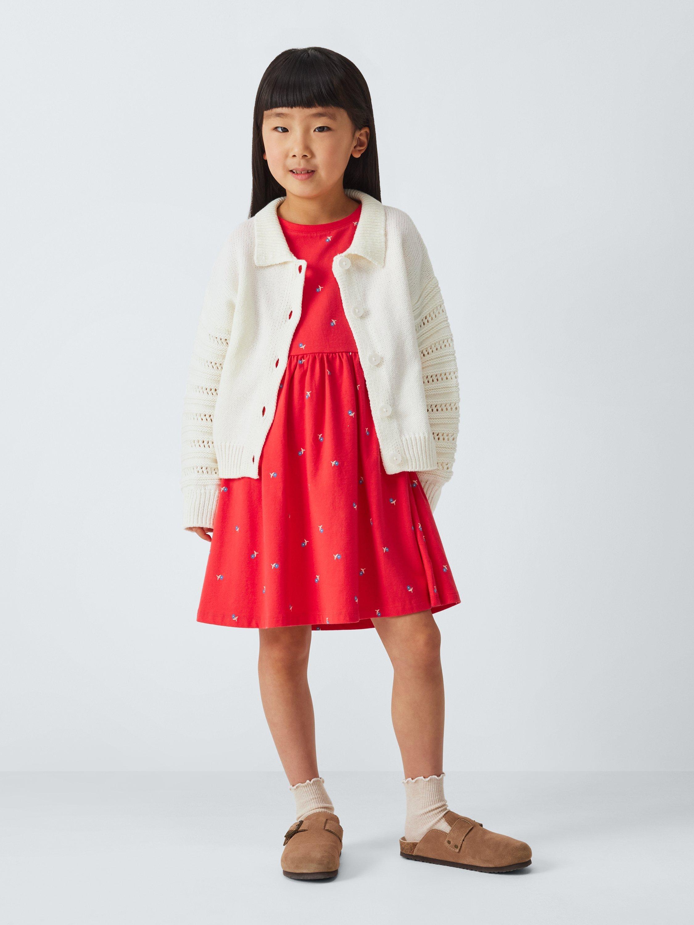 Product image 2 of 7, which shows John Lewis Kids' Flower Jersey Dress, Red/Multi, 2 years