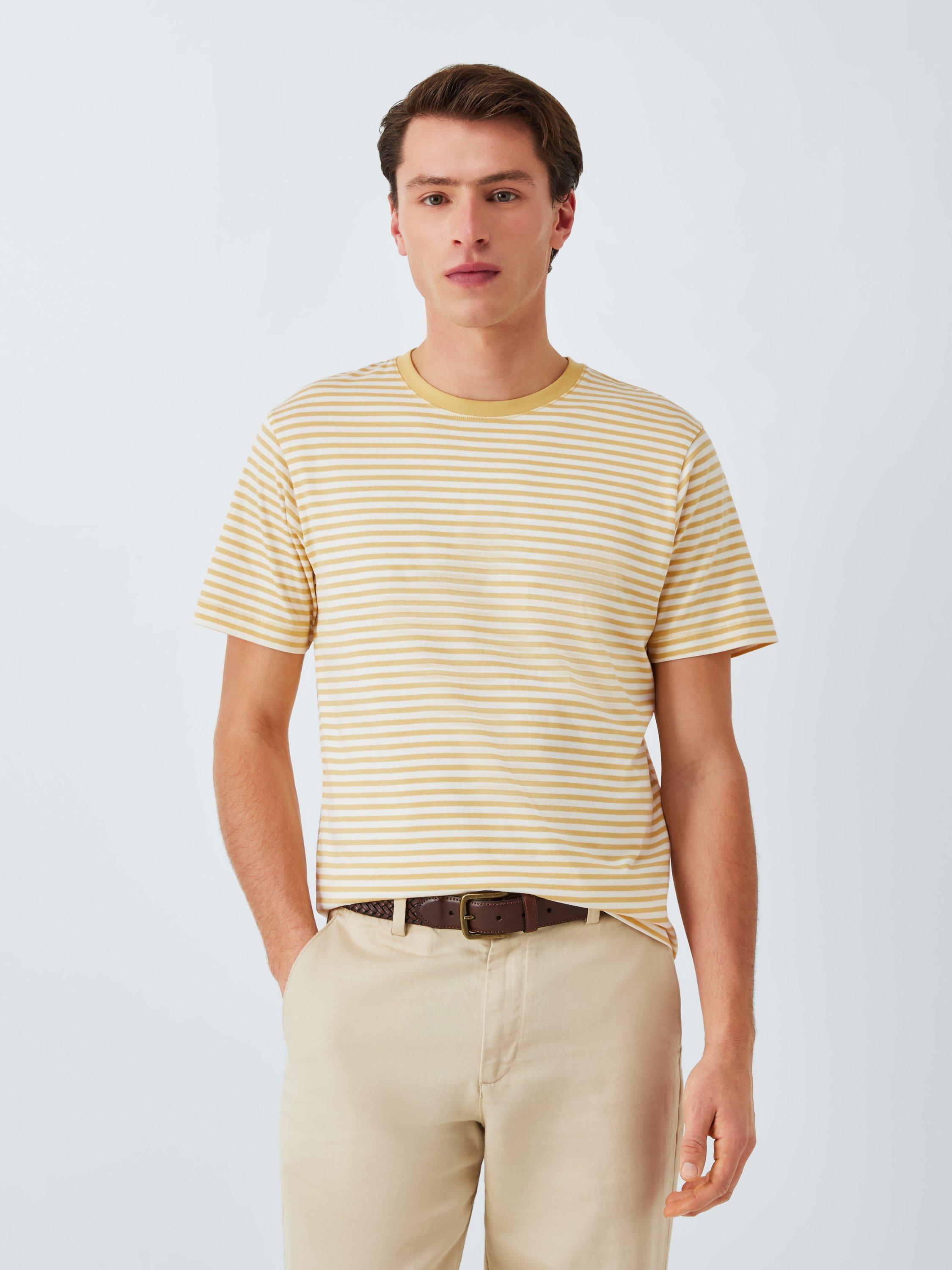 Product image 1 of 6, which shows John Lewis Supima Cotton Regular Fit Crew Neck Stripe T-Shirt, Jojoba/Egret, S