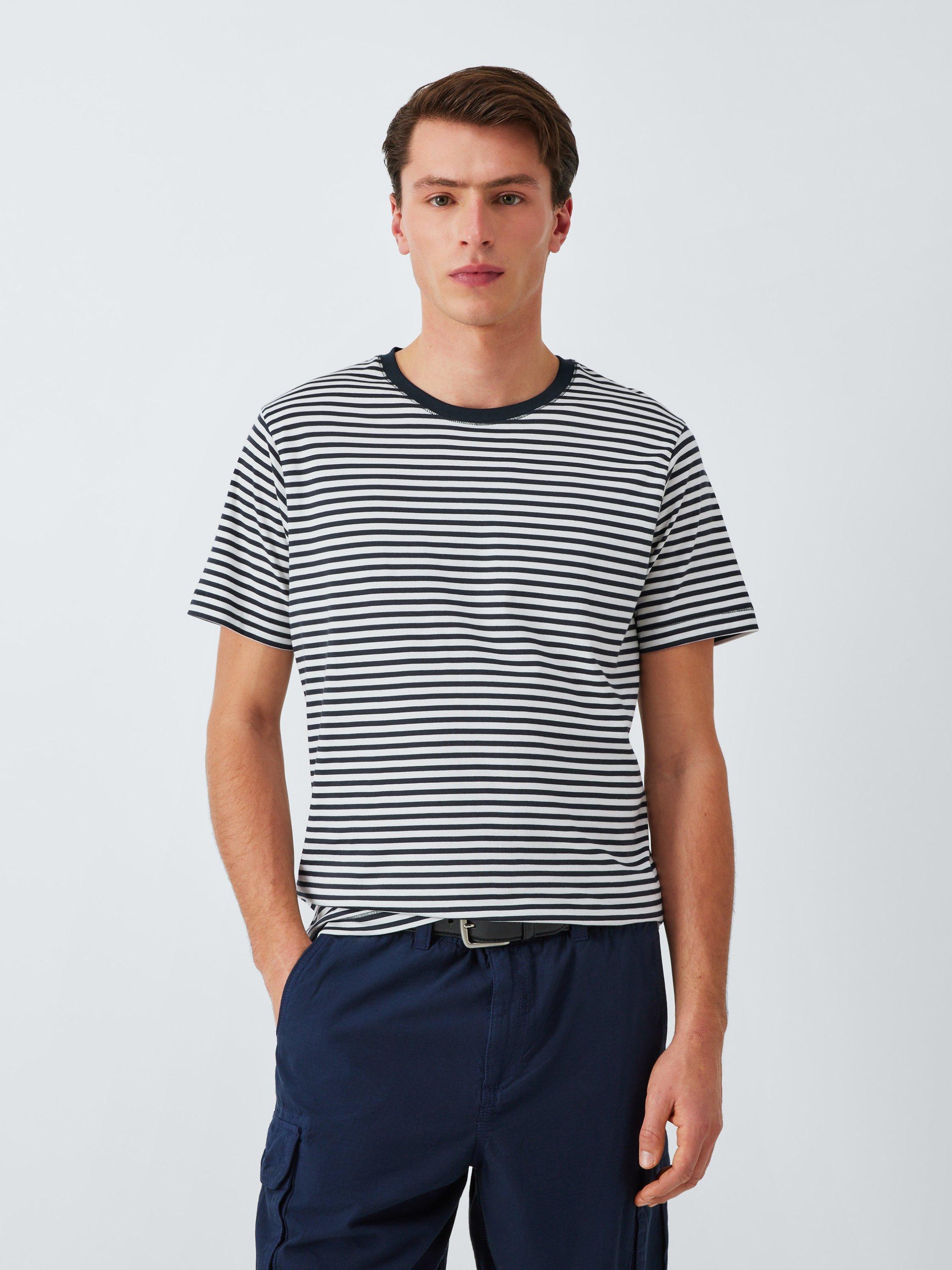 Product image 1 of 6, which shows John Lewis Supima Cotton Regular Fit Crew Neck Stripe T-Shirt, Navy/Egret, S