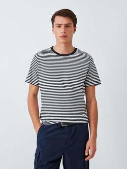 John Lewis Supima Cotton Regular Fit Crew Neck Stripe T-Shirt, Navy/Egret