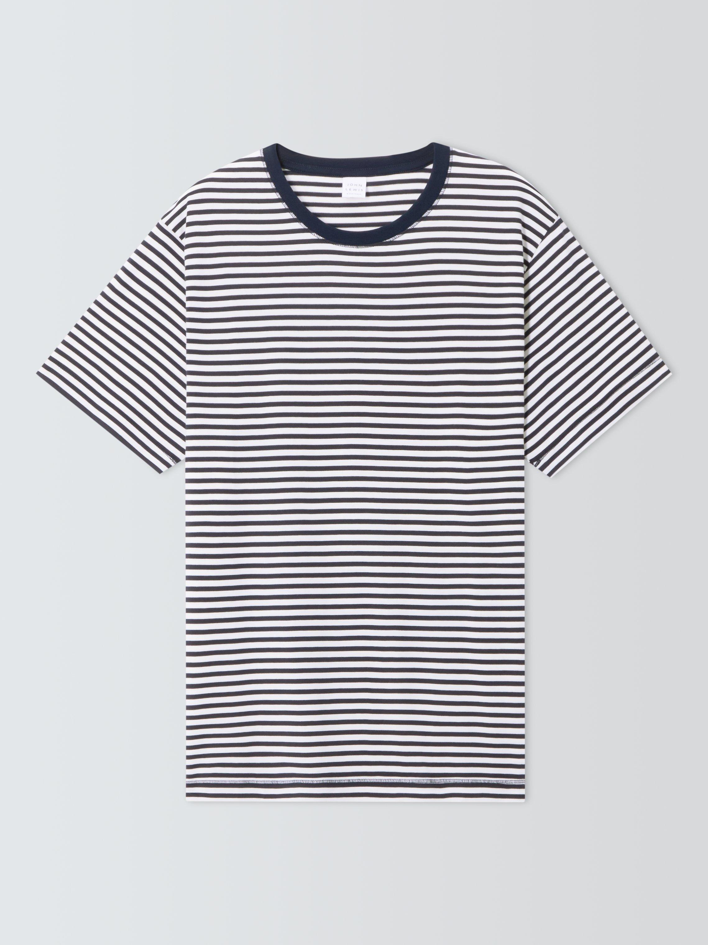 Product image 4 of 6, which shows John Lewis Supima Cotton Regular Fit Crew Neck Stripe T-Shirt, Navy/Egret, S