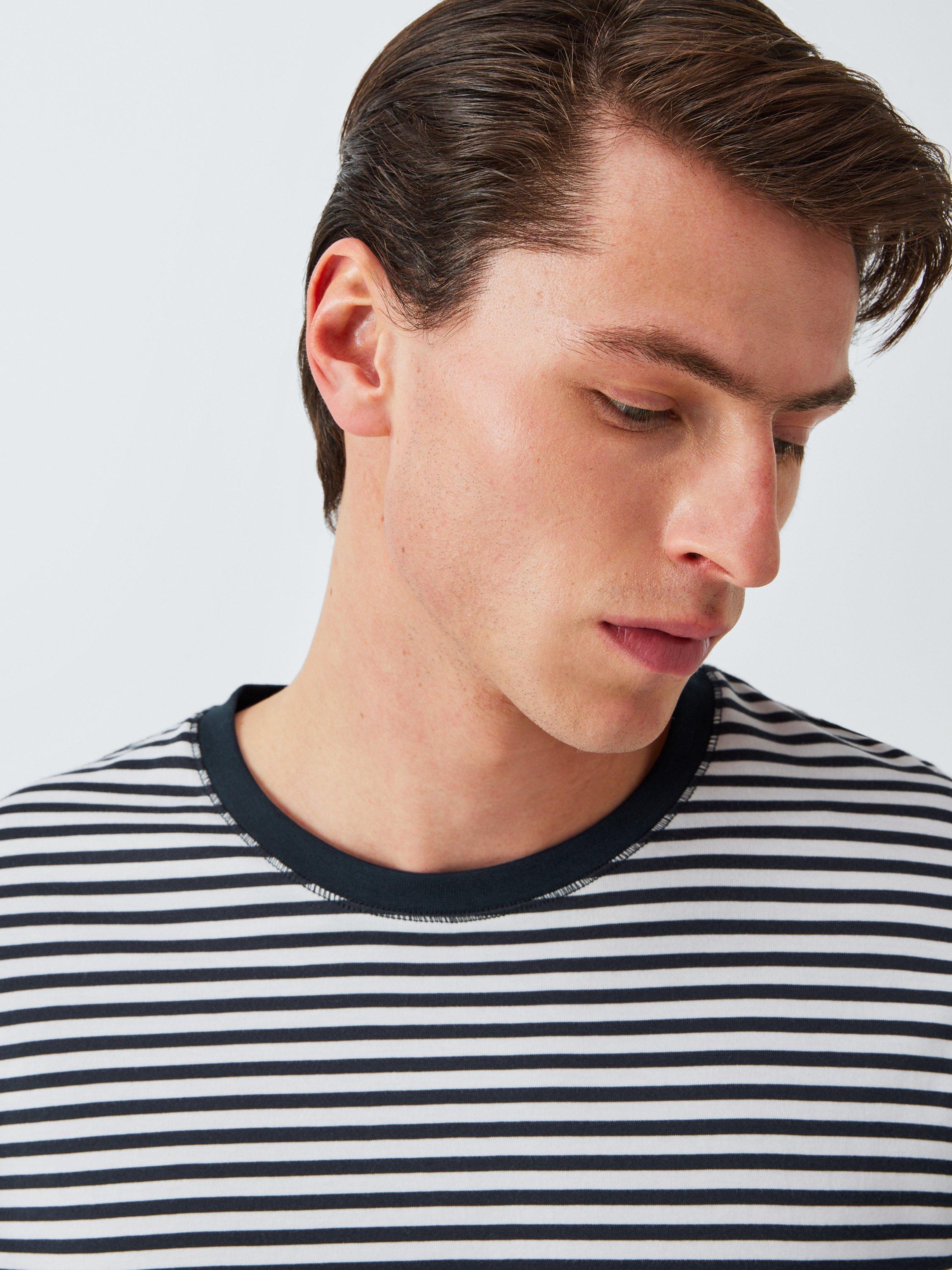 Product image 5 of 6, which shows John Lewis Supima Cotton Regular Fit Crew Neck Stripe T-Shirt, Navy/Egret, S