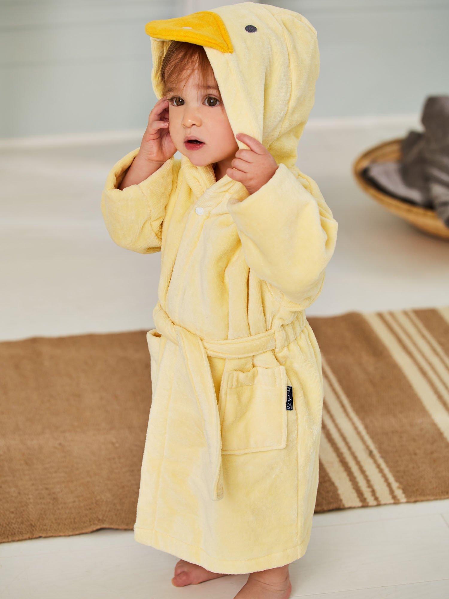 Product image 1 of 4, which shows JoJo Maman Bébé Kids' Duck Towelling Robe, Yellow, 6-12 months