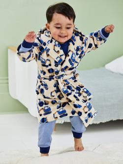 JoJo Maman Bébé Kids' Tractor Print Dressing Gown, Stone/Multi, Stone/Multi