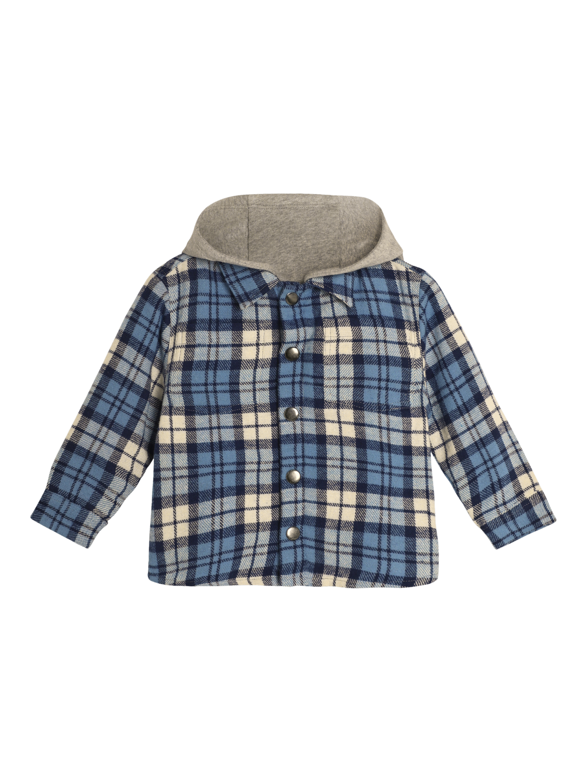 JoJo Maman Bébé Kids' Cotton Check Hooded Shacket, Denim/Multi