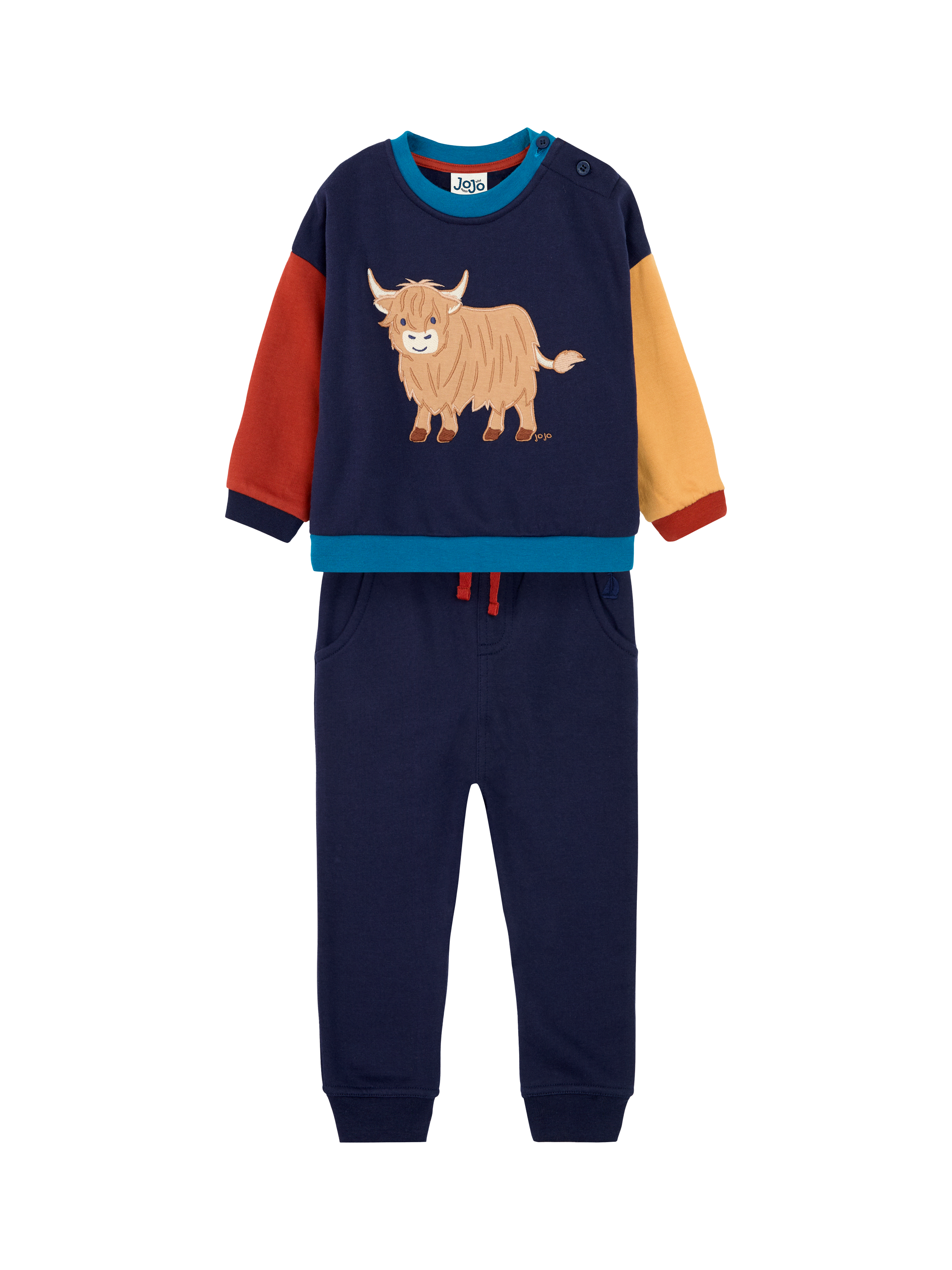 JoJo Maman Bébé Baby Highland Cow Applique Top & Trousers Set, Navy/Multi