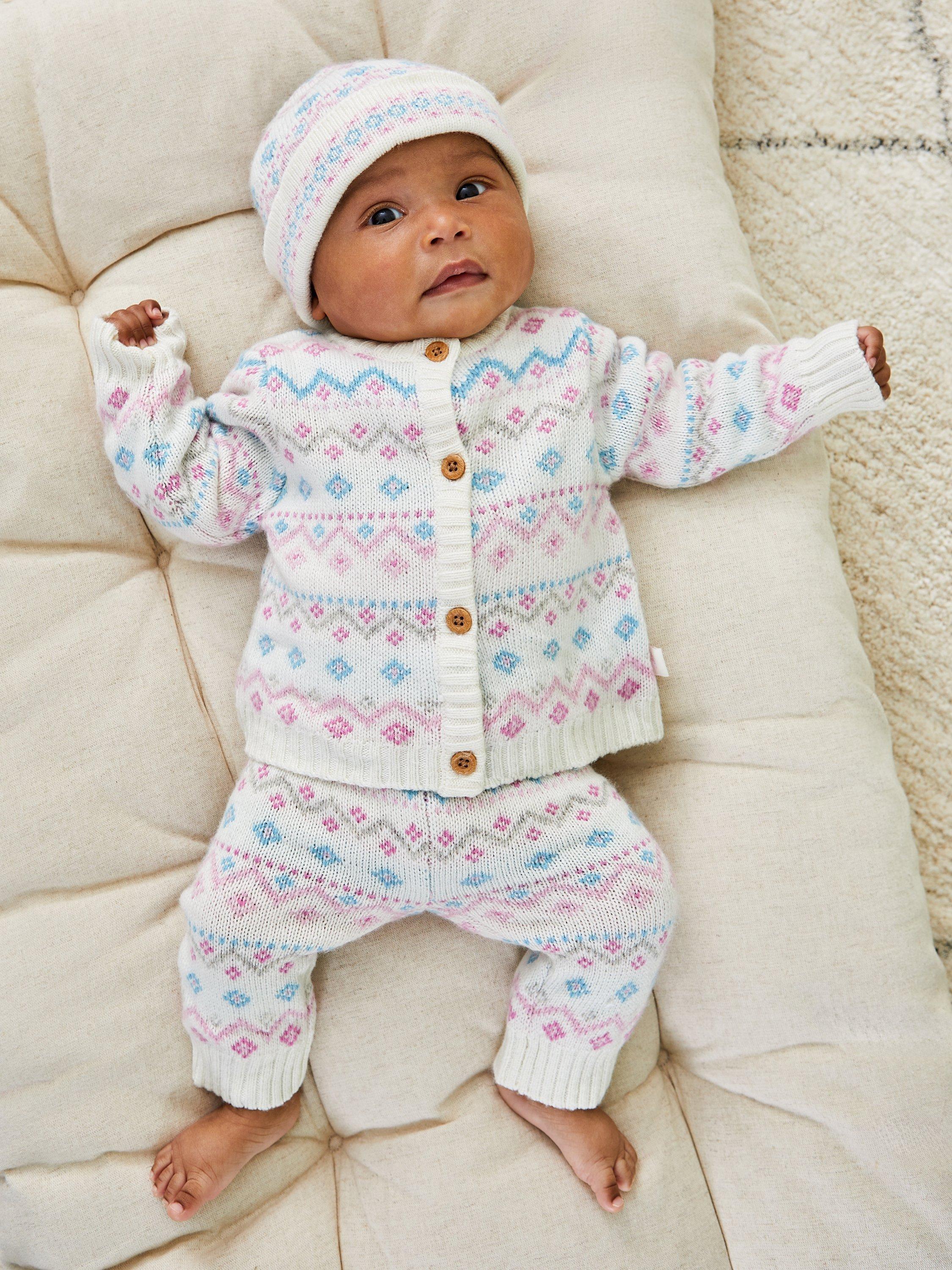 JoJo Maman Bebe Baby Fair Isle Knitted Cardigan Trousers Hat Set Cream