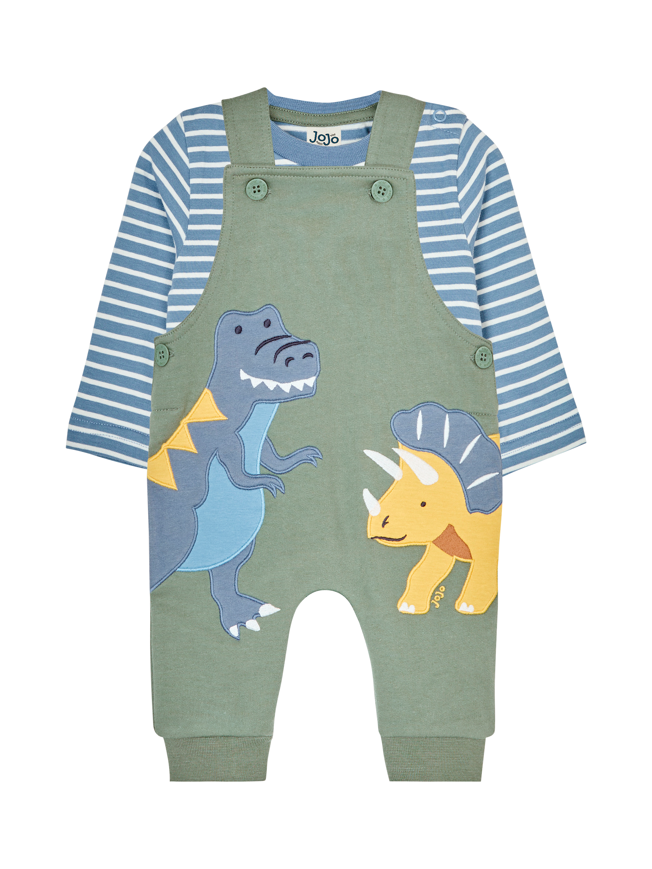 JoJo Maman Bébé Baby Dinosaur Applique Dungarees & Top Set, Khaki/Multi