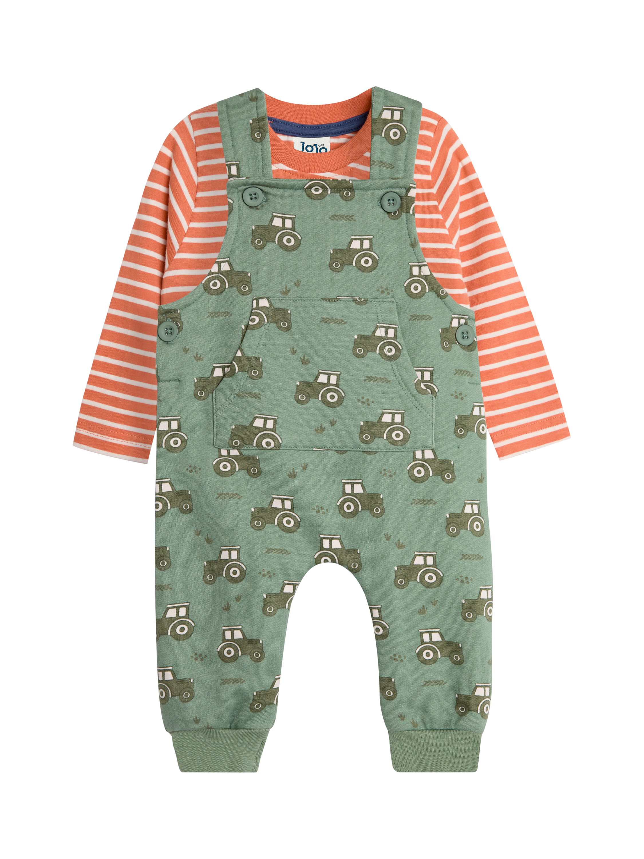 JoJo Maman Bébé Baby Tractor Print Dungarees & Top Set, Khaki/Multi