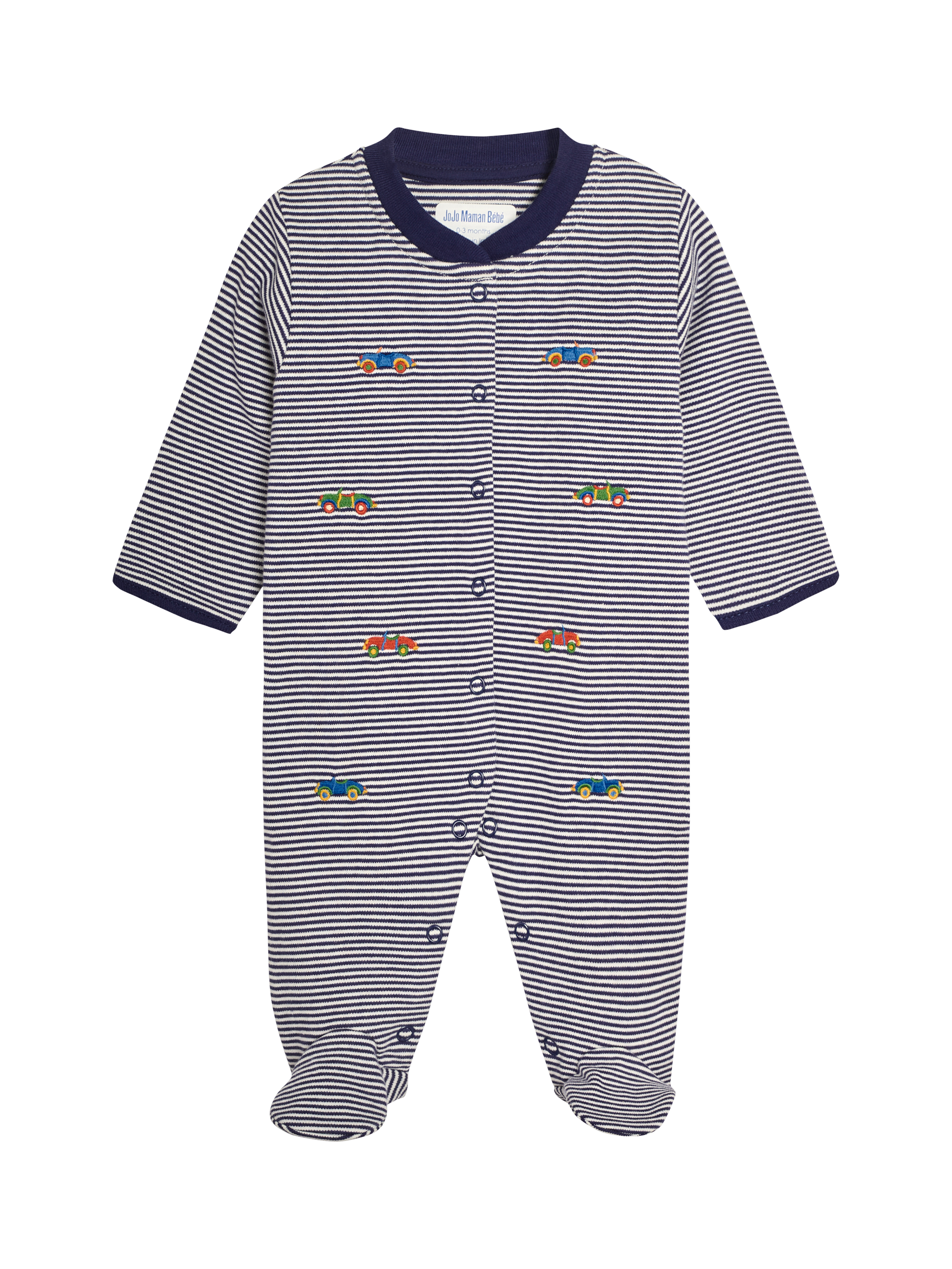 JoJo Maman Bébé Baby Stripe Car Embroidered Sleepsuit, Ecru/Navy