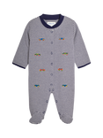 JoJo Maman Bébé Baby Stripe Car Embroidered Sleepsuit, Ecru/Navy