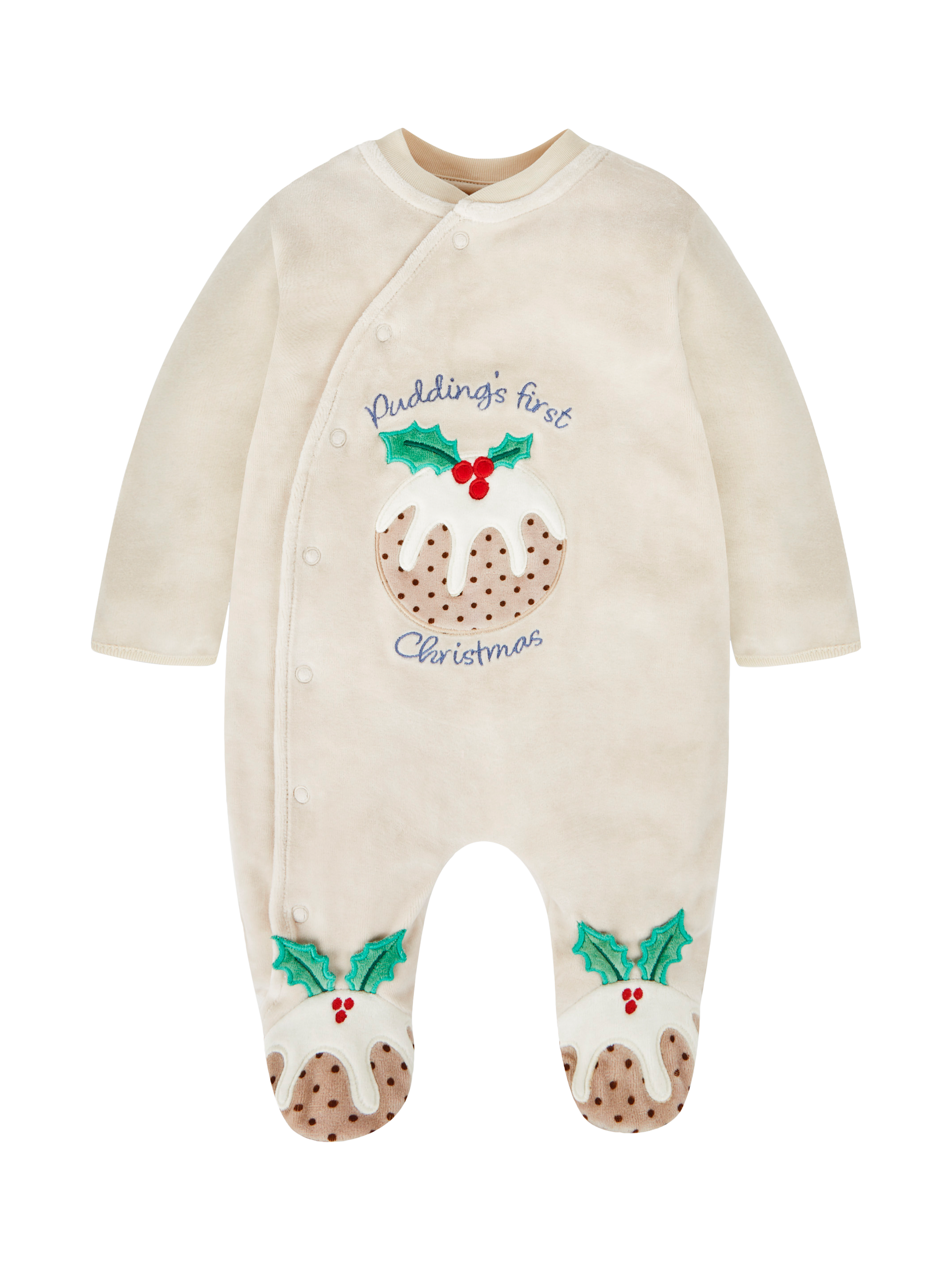 JoJo Maman Bébé Baby Christmas Pudding Appliqué Zip Sleepsuit, Stone/Multi