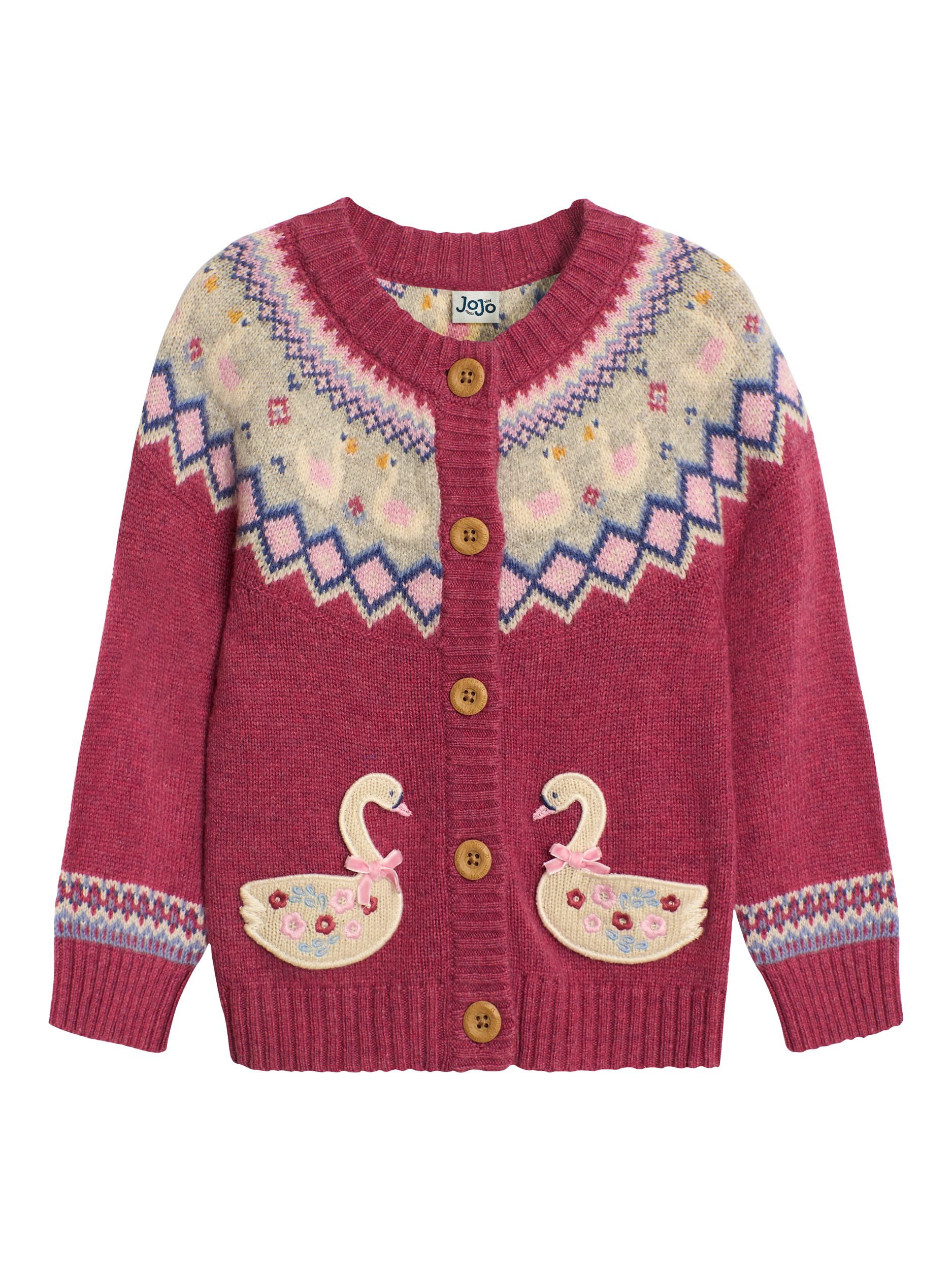 JoJo Maman Bébé Kids' Swan Fair Isle Cardigan, Rose/Multi