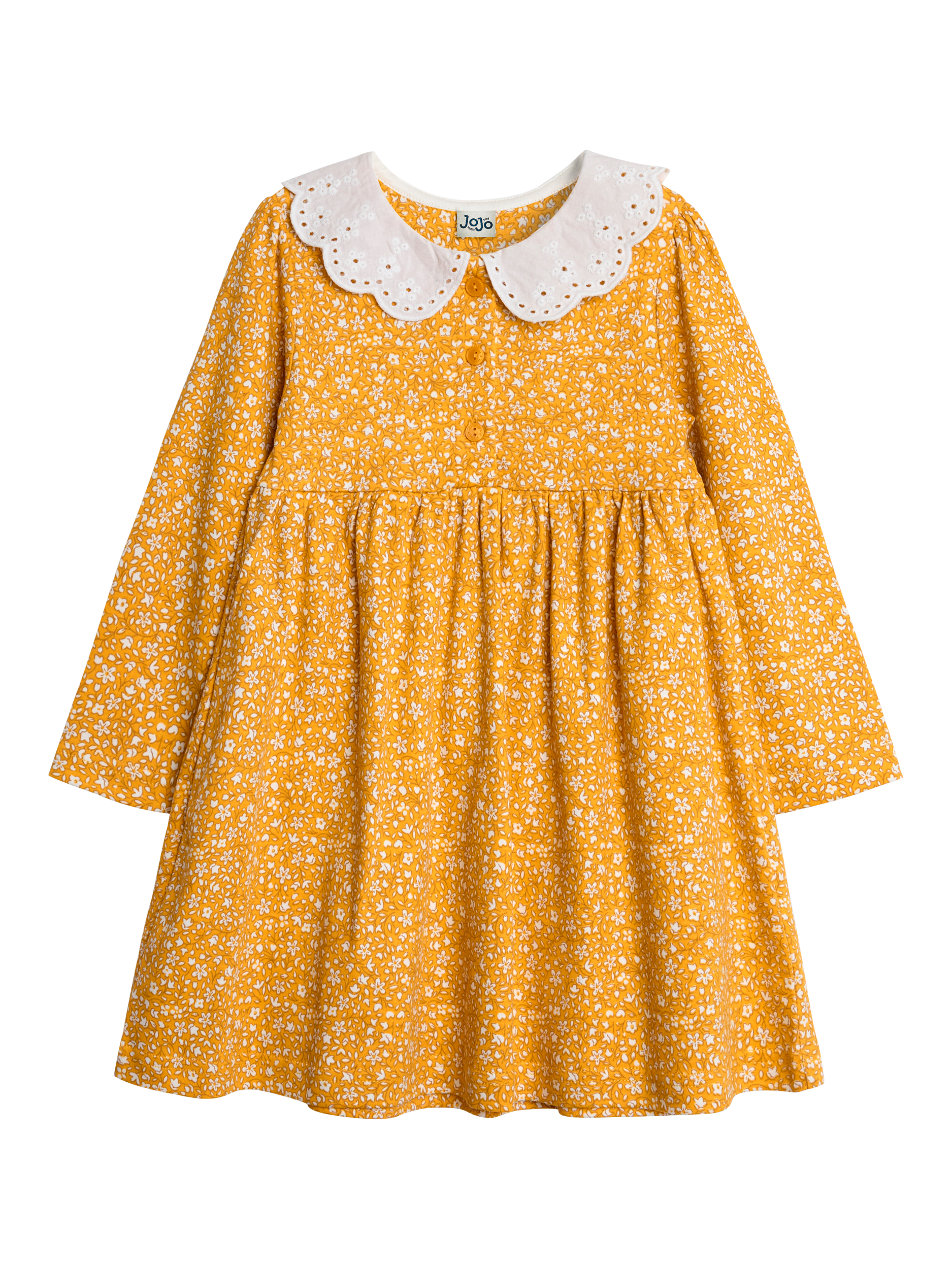 JoJo Maman Bébé Kids' Ditsy Floral Print Broderie Collar Dress, Mustard