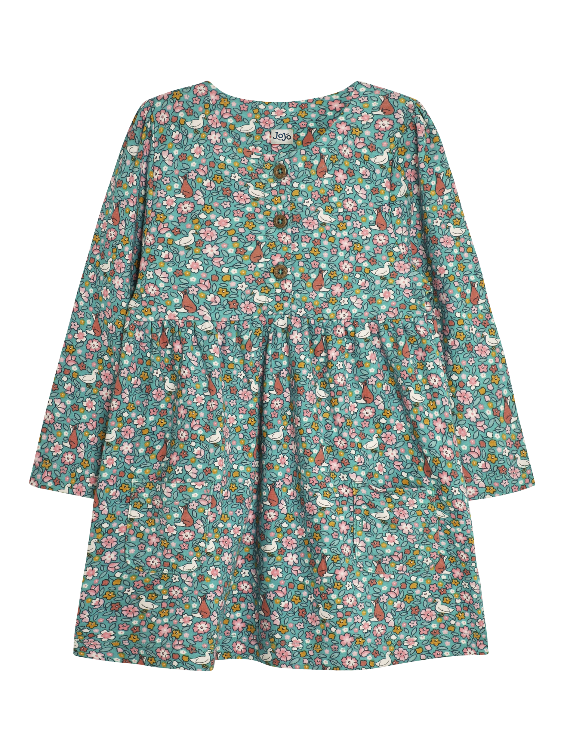 JoJo Maman Bébé Baby Duck & Fox Floral Dress, Duck Egg/Multi