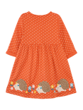 JoJo Maman Bébé Kids' Hedgehog Applique Polka Dot Dress, Rust/Multi