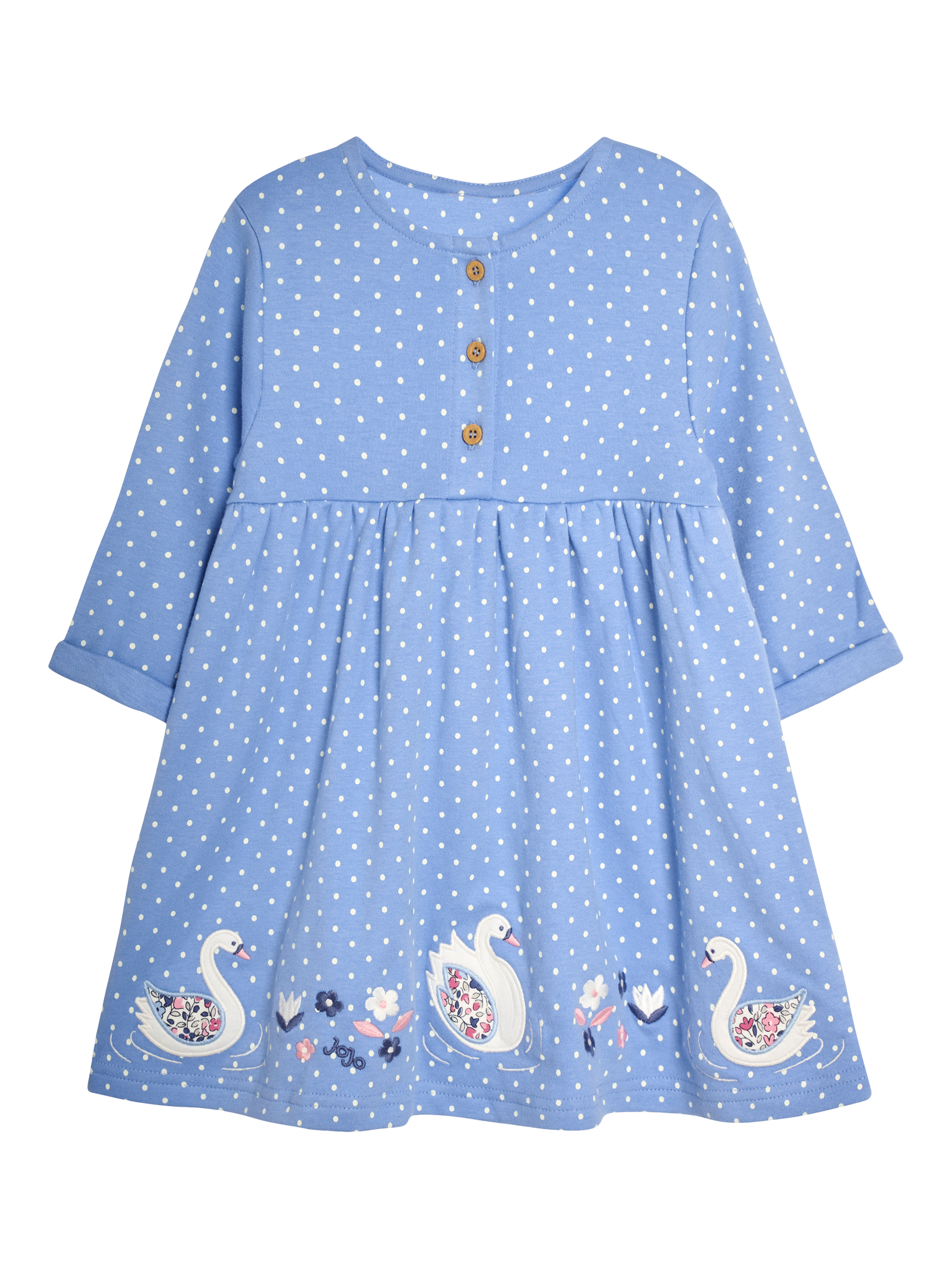 JoJo Maman Bébé Kids' Swan Applique Button Front Cotton Dress, Blue/Multi