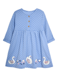 JoJo Maman Bébé Kids' Swan Applique Button Front Cotton Dress, Blue/Multi