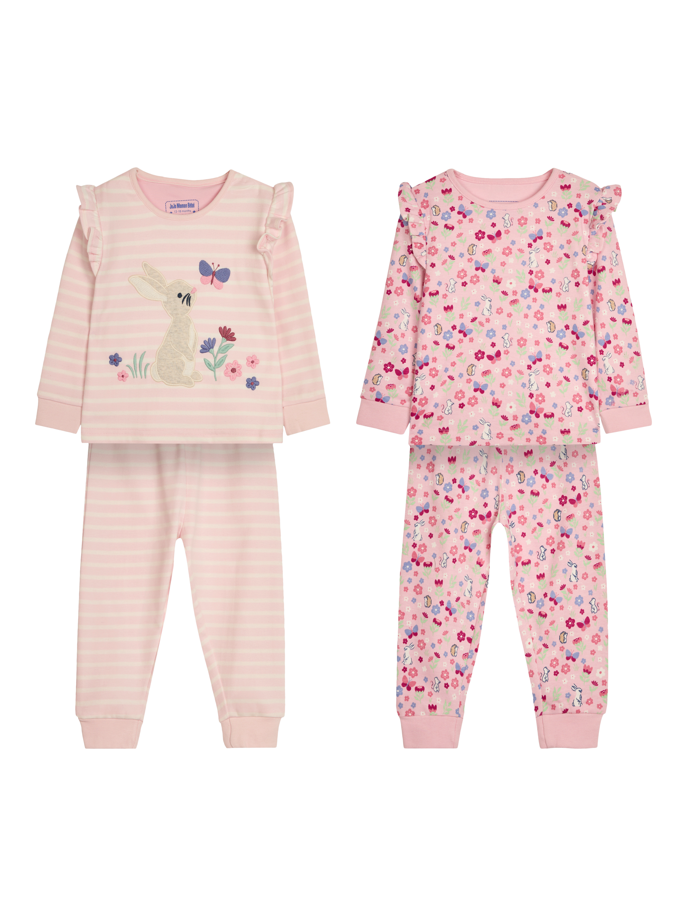 JoJo Maman Bébé Kids' Bunny Print Pyjamas, Pack of 2, Pink