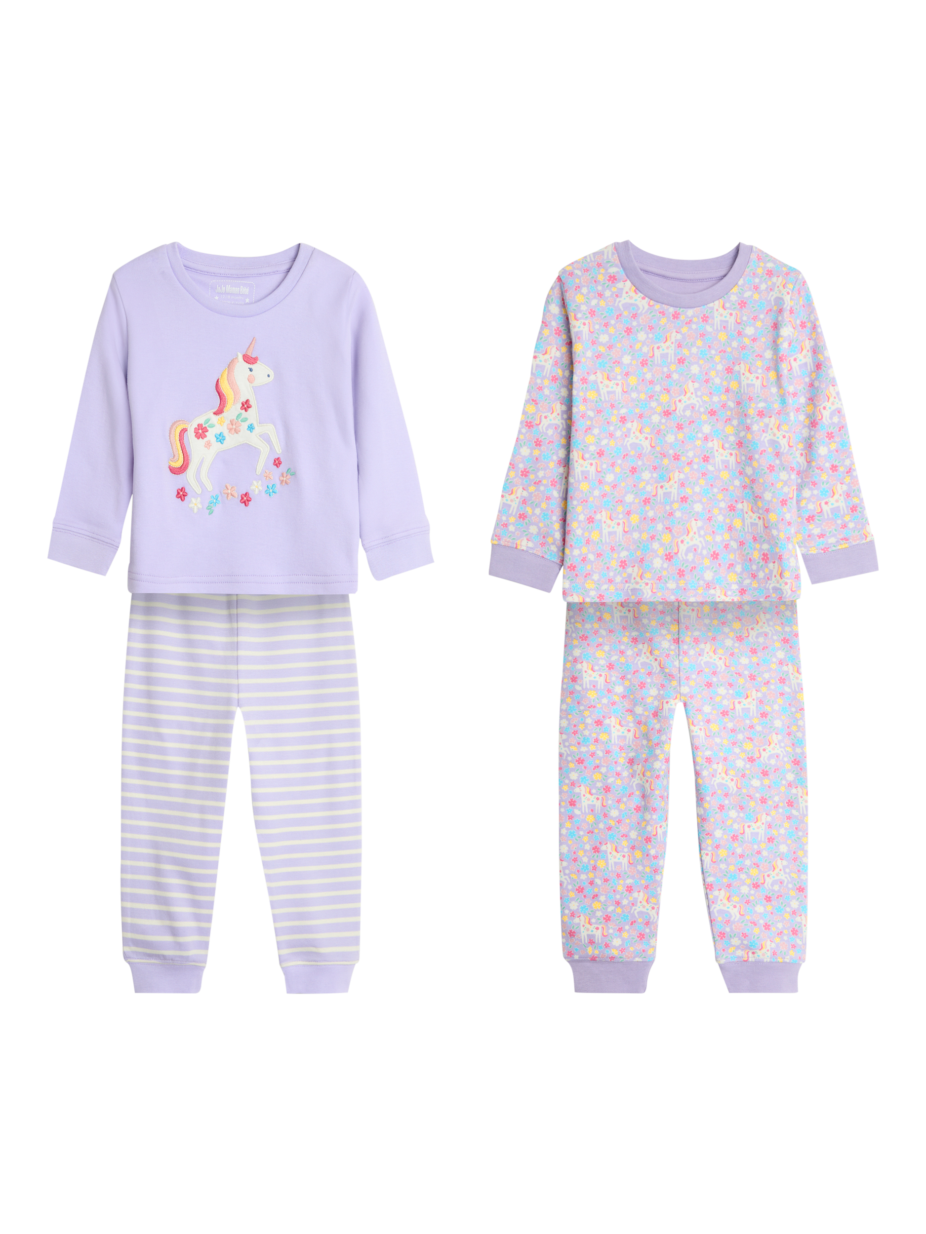 JoJo Maman Bébé Kids' Cotton Unicorn Pyjamas, Pack of 2, Lilac/Multi