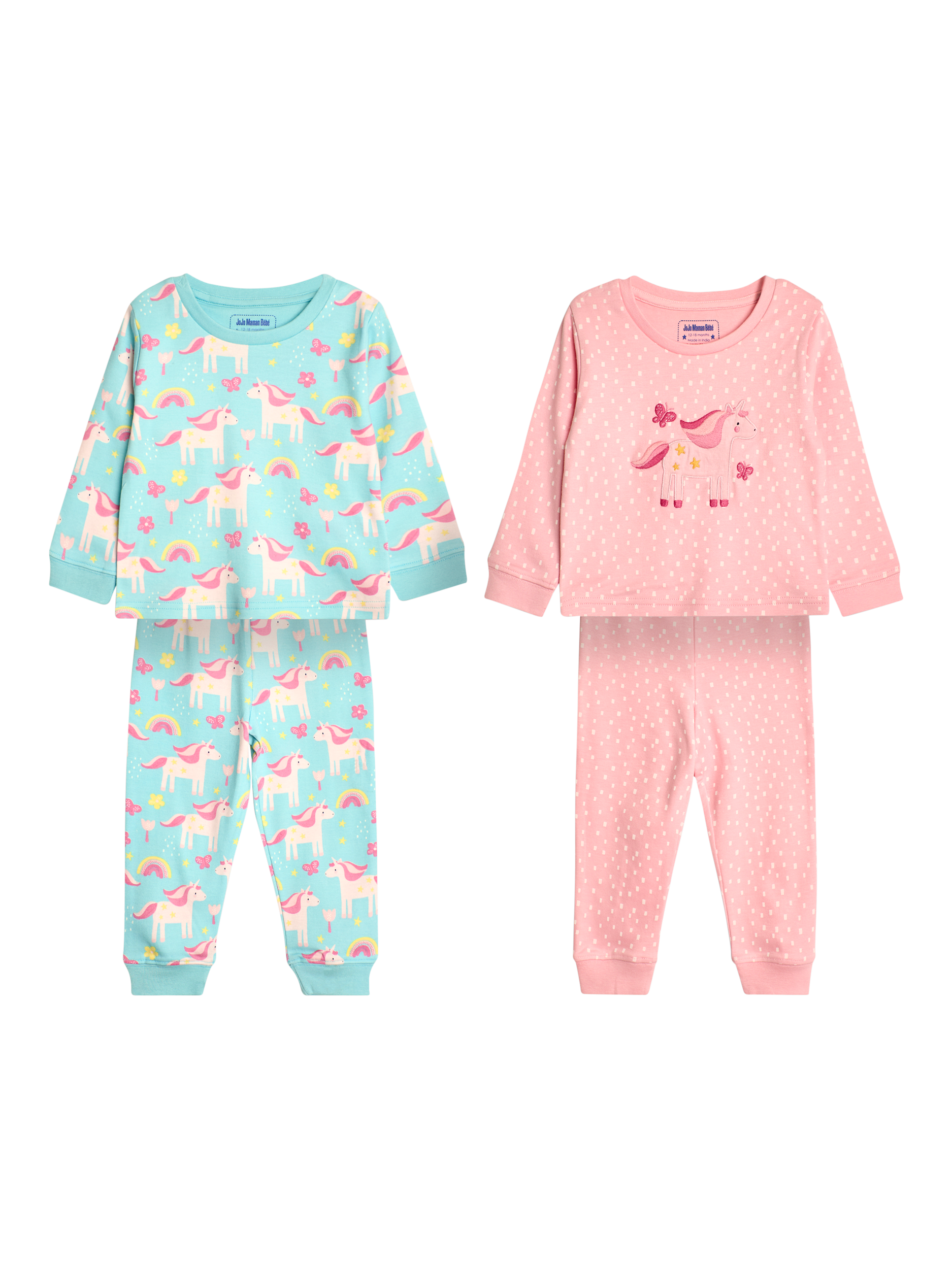 JoJo Maman Bébé Kids' Unicorn Pyjamas, Pack of 2, Pink/Blue