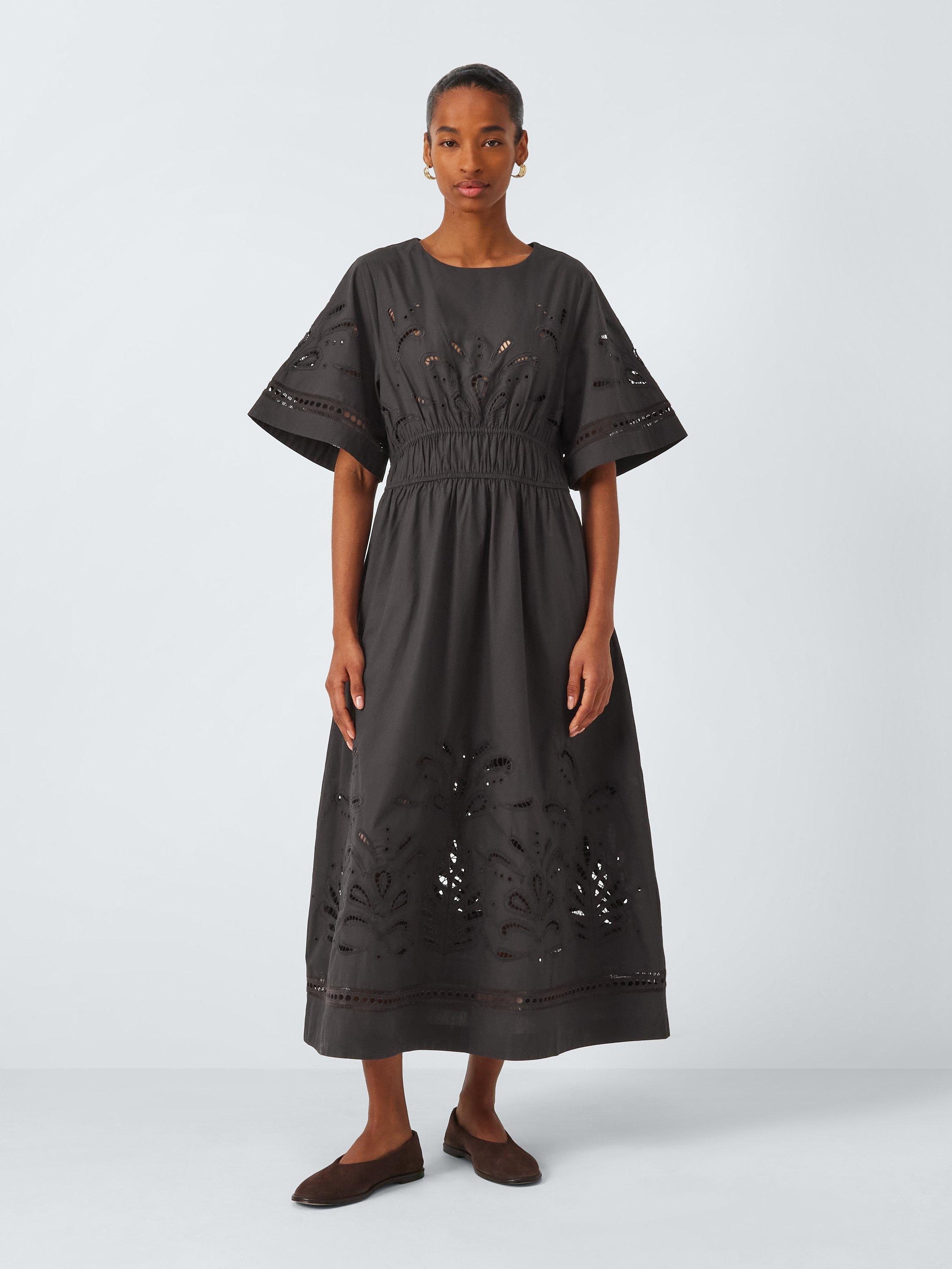 Product image 1 of 6, which shows John Lewis Cutwork Embroidered Pure Cotton Dress, Brown, 14