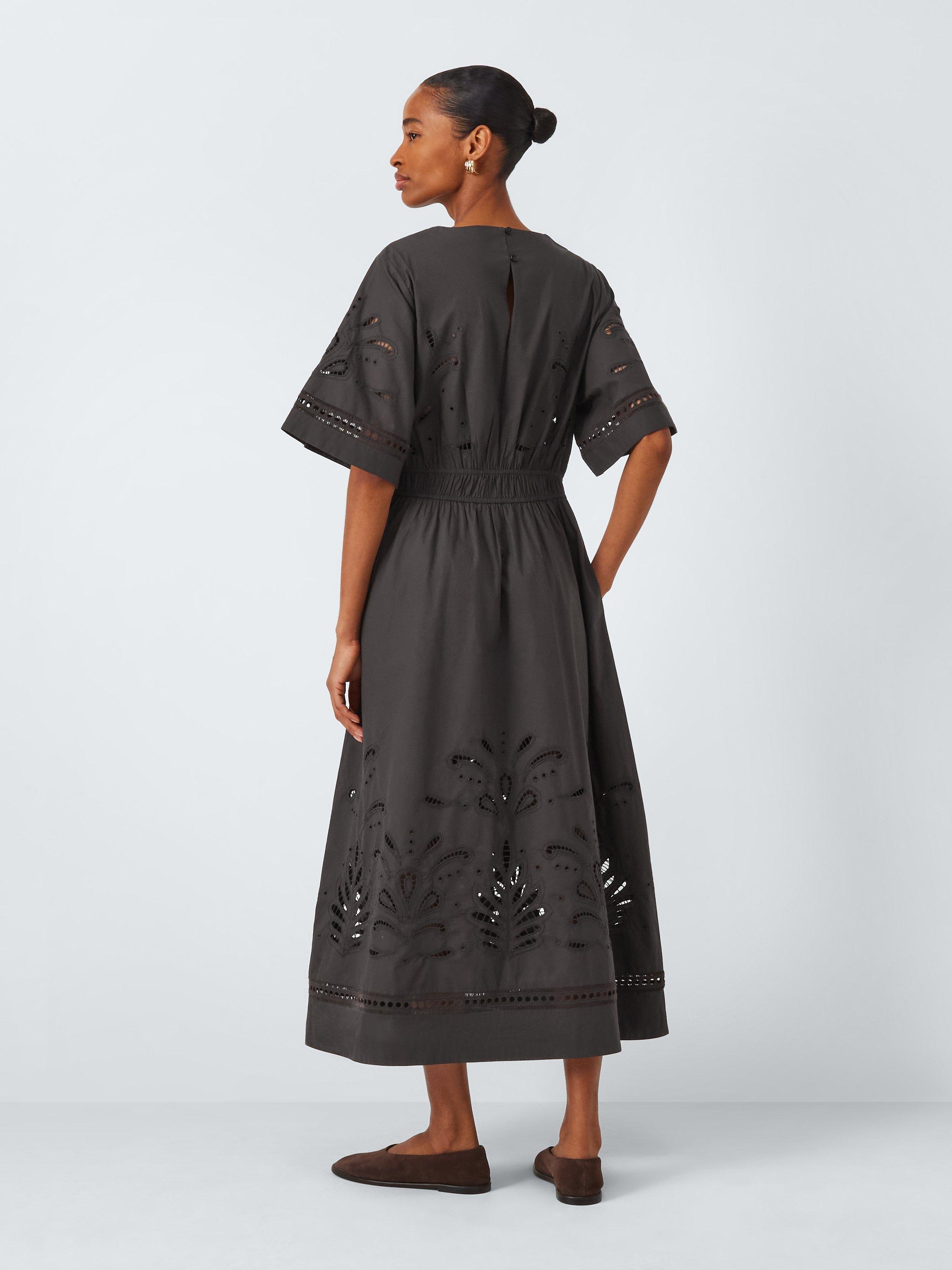 Product image 2 of 6, which shows John Lewis Cutwork Embroidered Pure Cotton Dress, Brown, 14